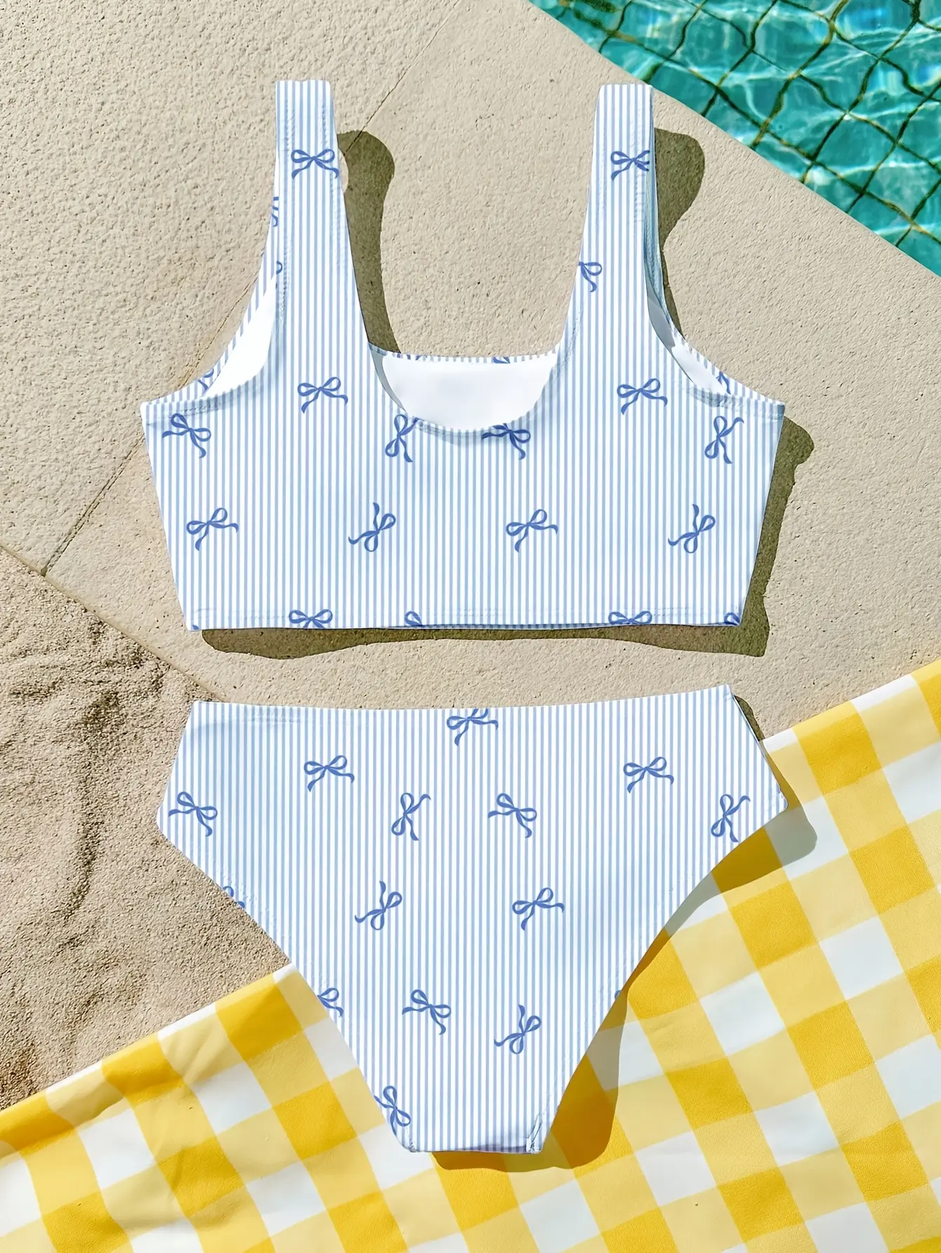 Detail view of Girls Blue Bow Stripe Tankini Swimsuit 2-Piece Set by LUNORIANA