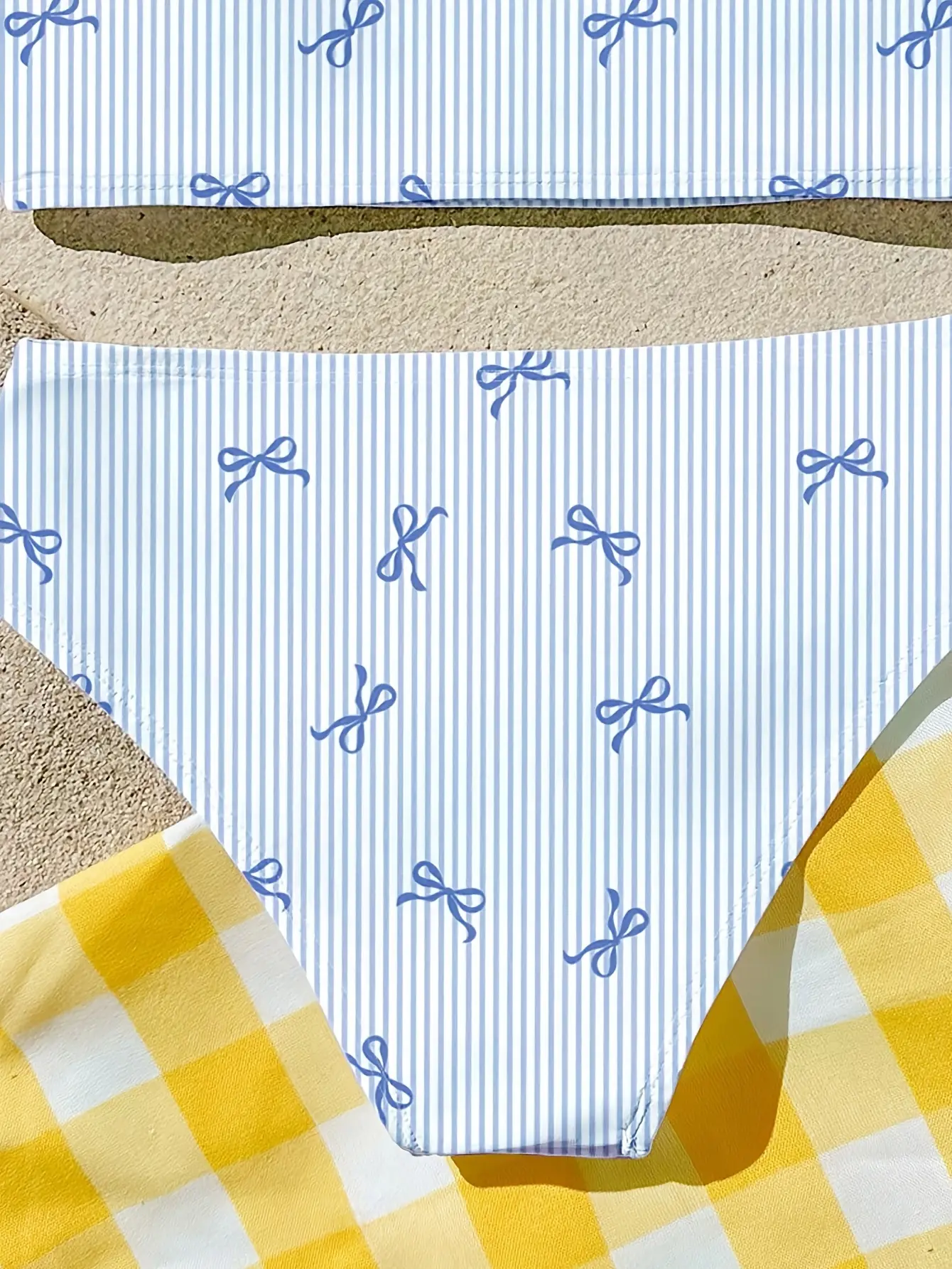 Detail view of Girls Blue Bow Stripe Tankini Swimsuit 2-Piece Set by LUNORIANA