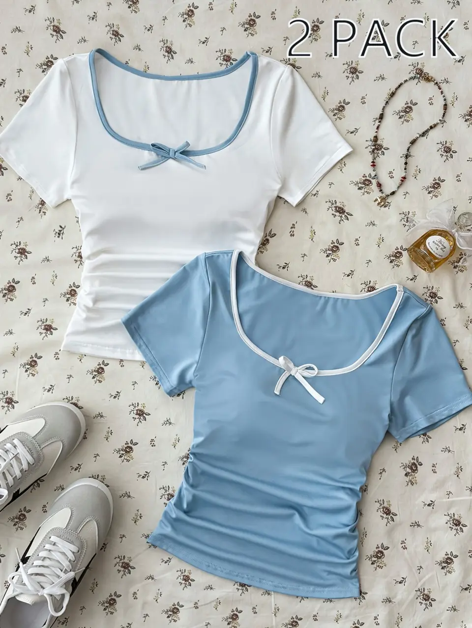 Girls White and Light Blue Bow T-Shirts 2-Pack, Soft Casual Tops