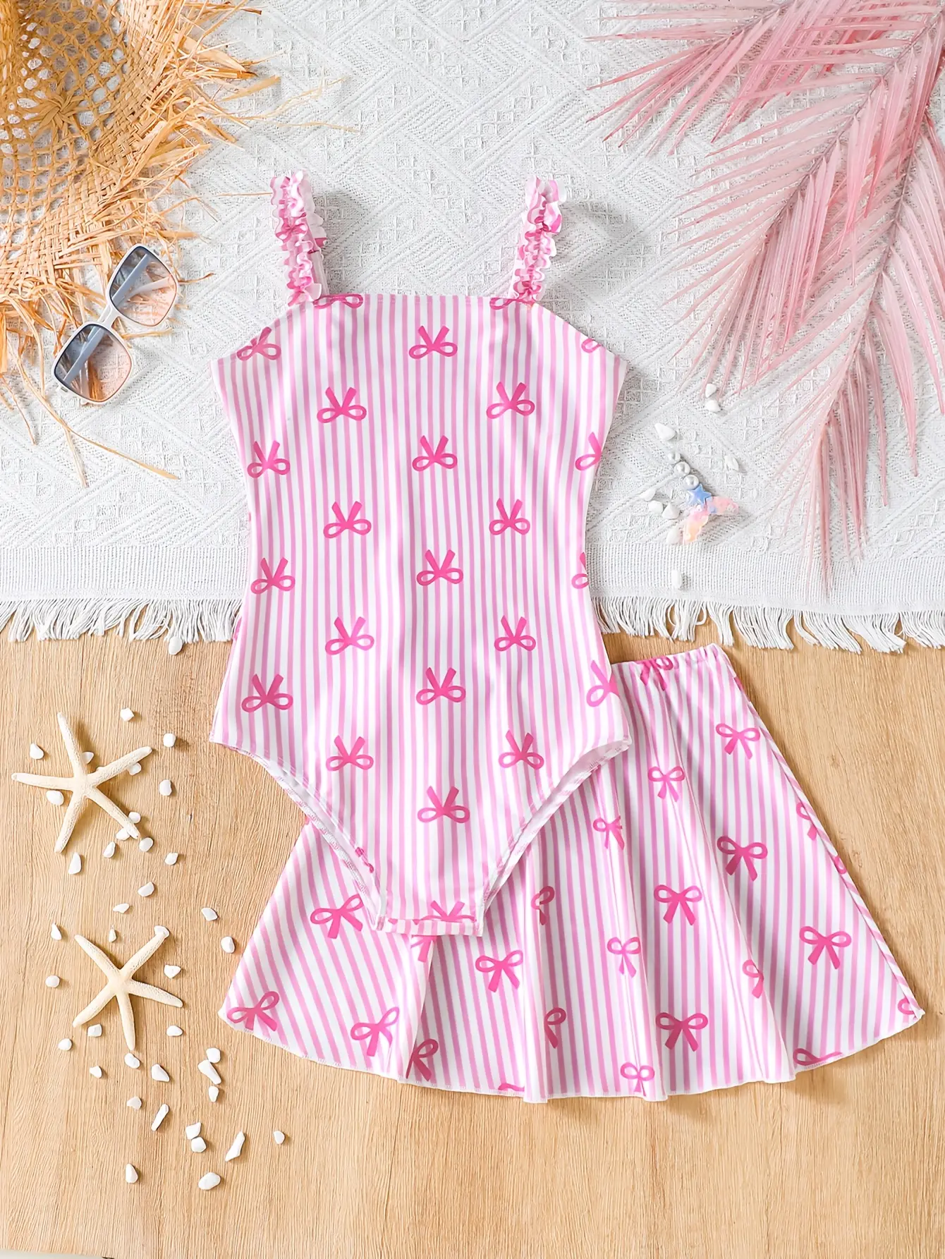 Girls Pink Bow Stripe One-Piece Swimsuit with Skirt