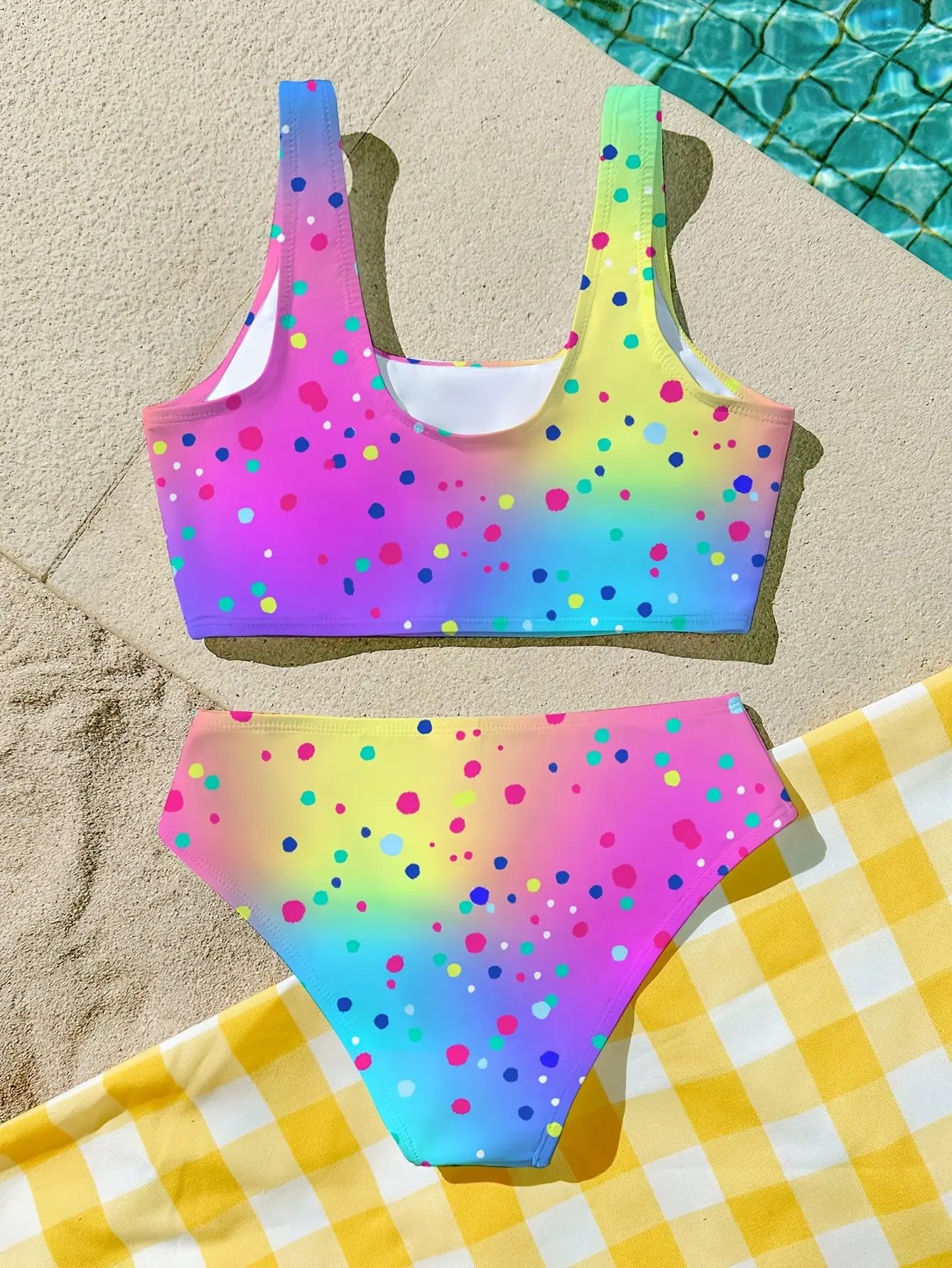 Detail view of Girls Colorful Polka Dot Two-Piece Swimsuit, Tankini Swim Set by LUNORIANA