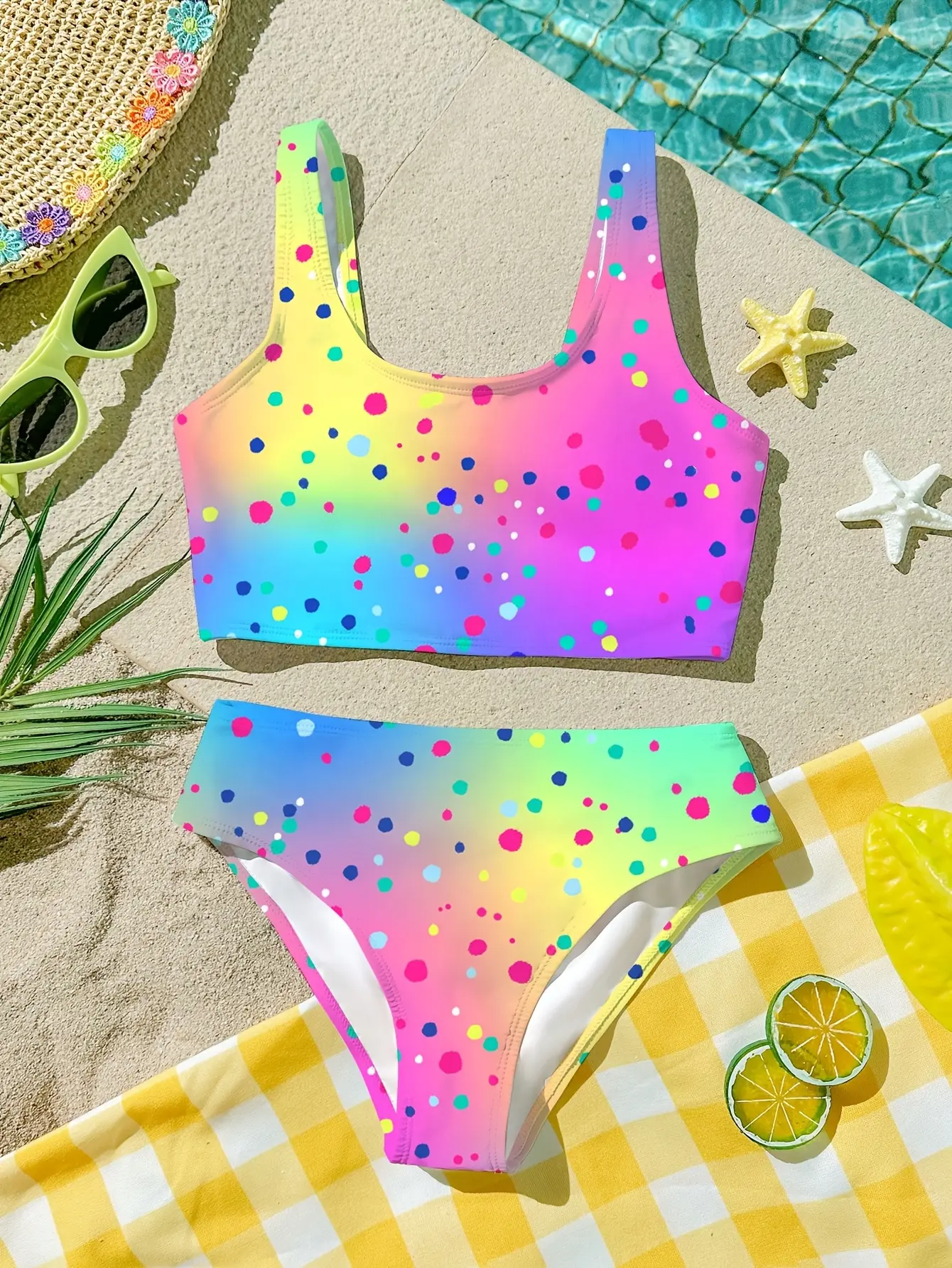 Girls Colorful Polka Dot Two-Piece Swimsuit, Tankini Swim Set