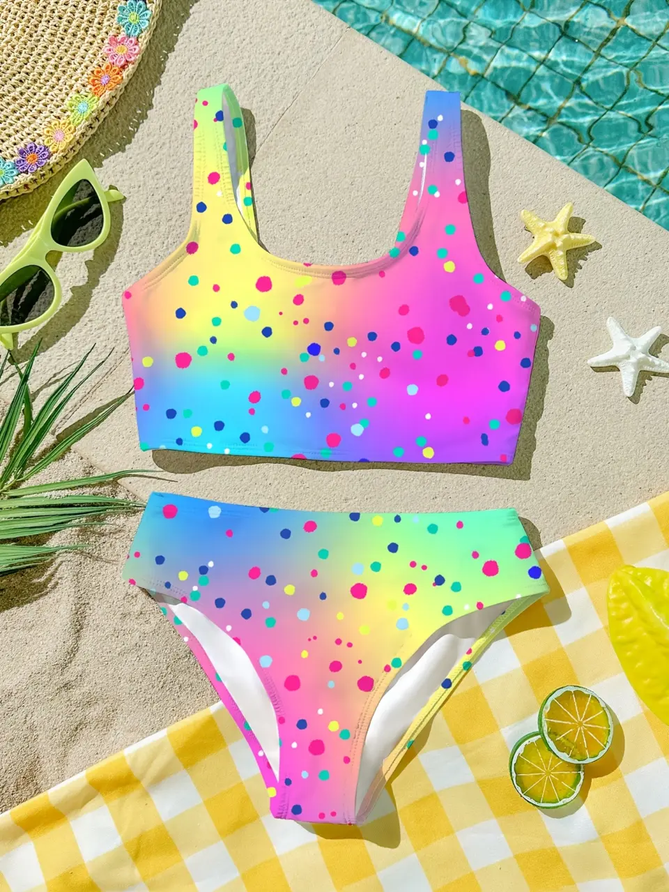 Girls Colorful Polka Dot Two-Piece Swimsuit, Tankini Swim Set