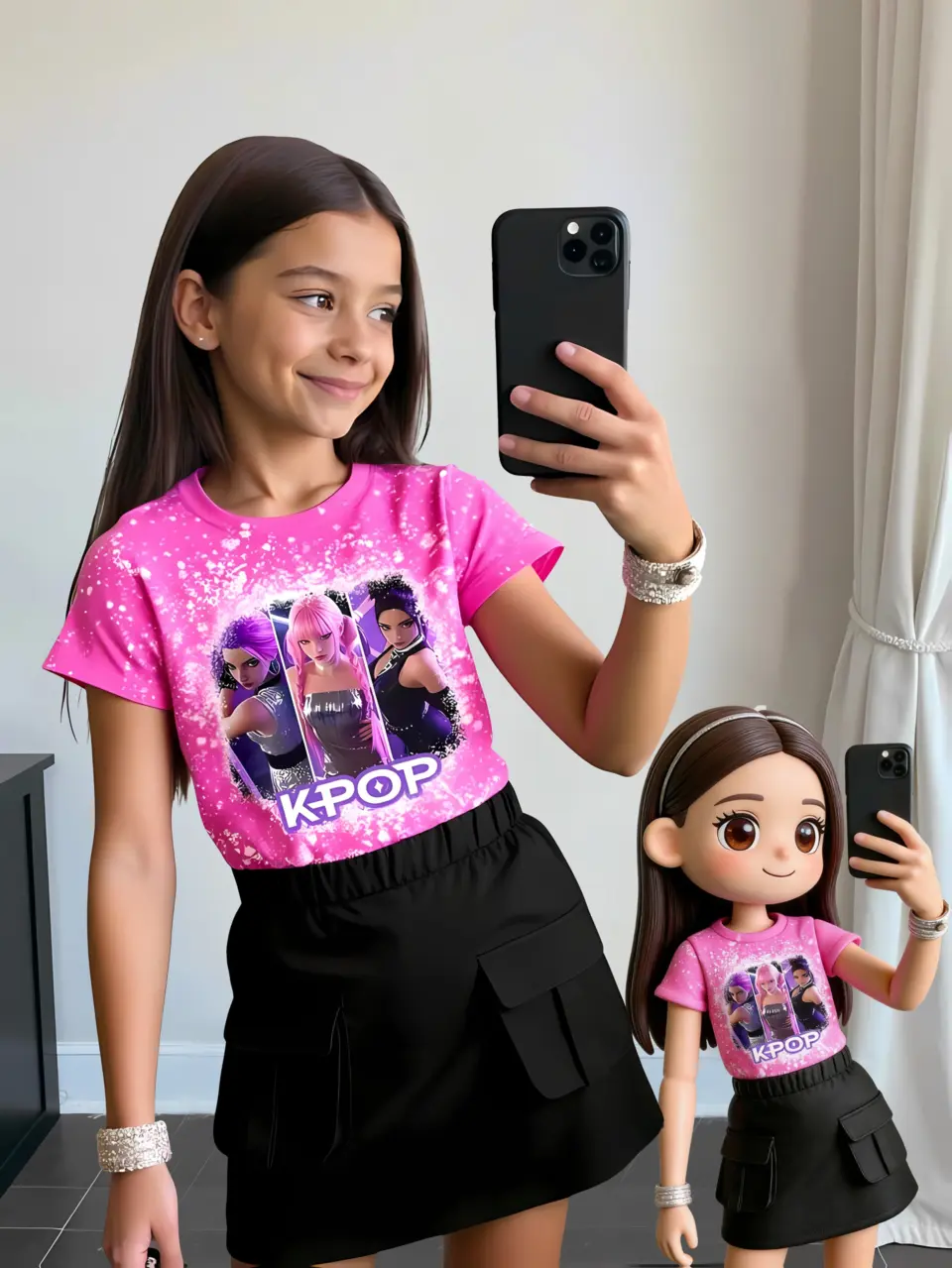 Girls Cartoon Graphic T-Shirt and Skirt Set, Summer 2-Piece Outfit