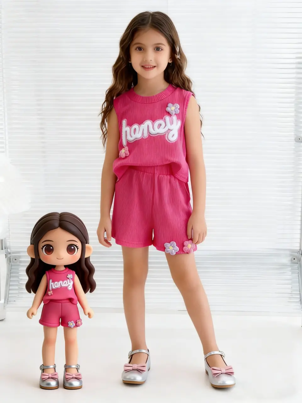 Girls Hot Pink Waffle Tank and Shorts Set with Floral Embroidery