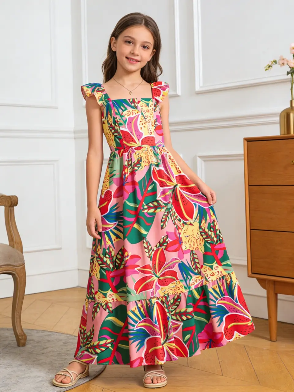 Girls Floral Print Long Dress, Spring Summer Casual Maxi Outfit