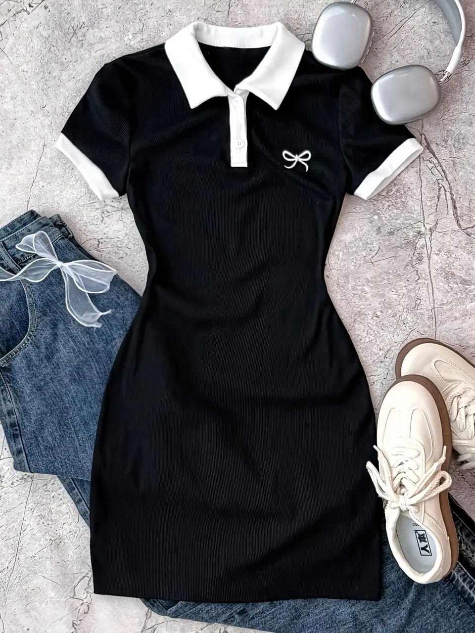 Girls Black Polo Collar Dress, Simple Spring Summer Casual Outfit