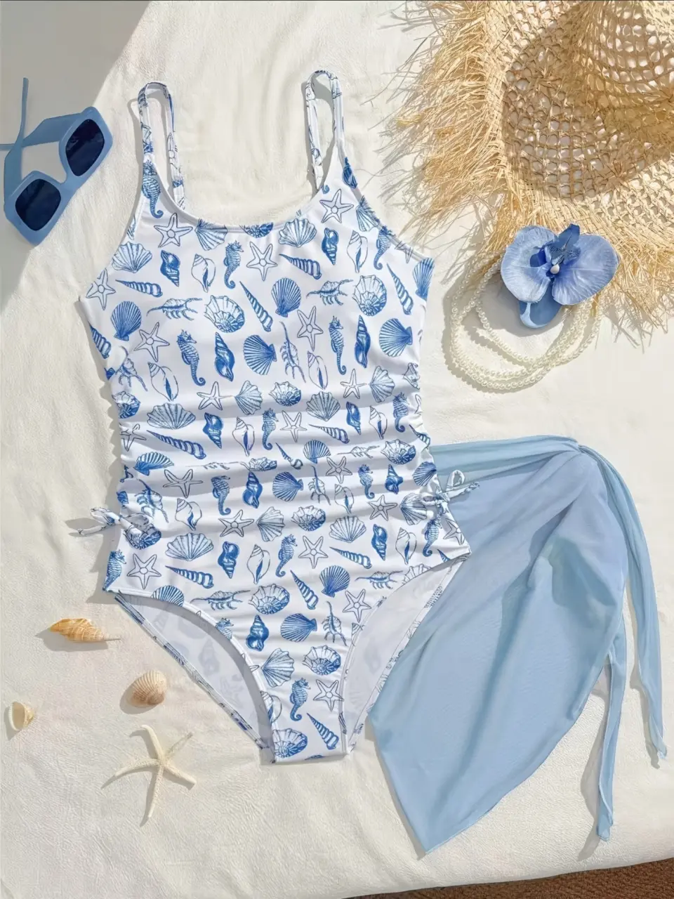Girls Seashell Seahorse Starfish One-Piece Swimsuit