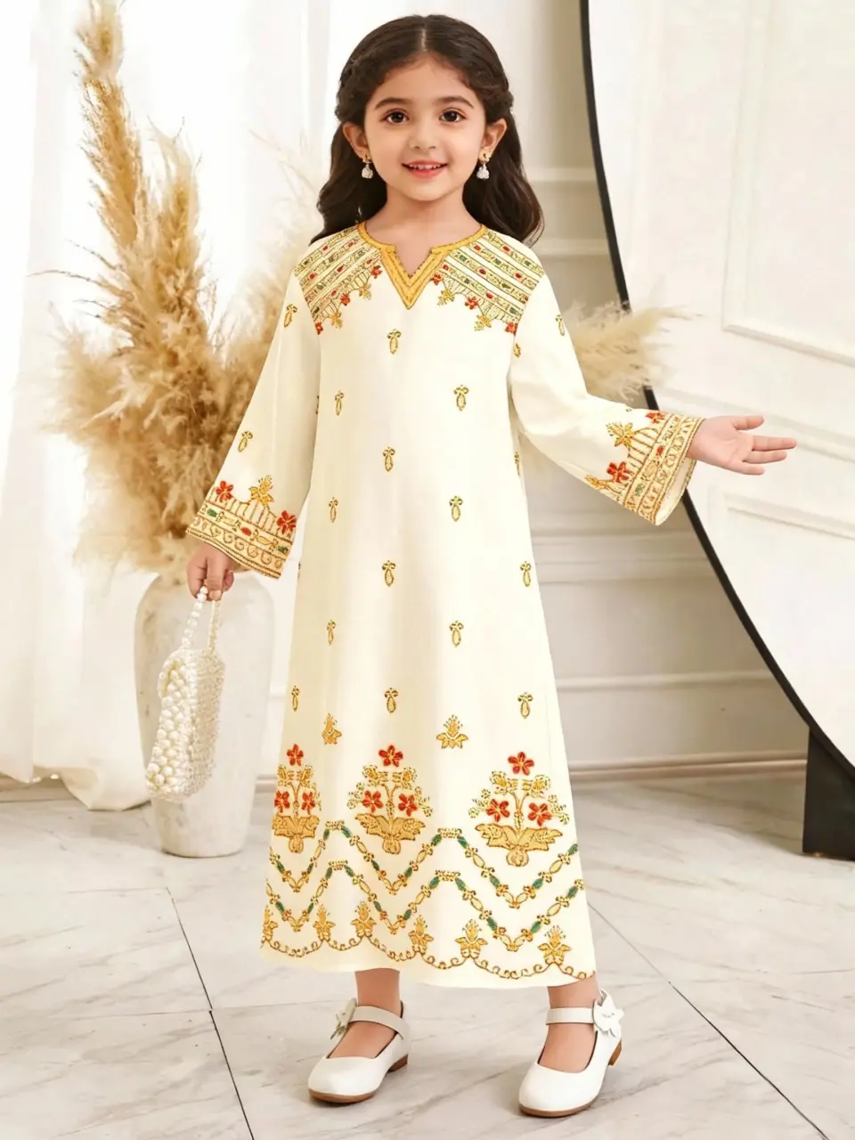 Girls Lantern Floral Ramadan Eid Dress, Soft Princess Style Outfit