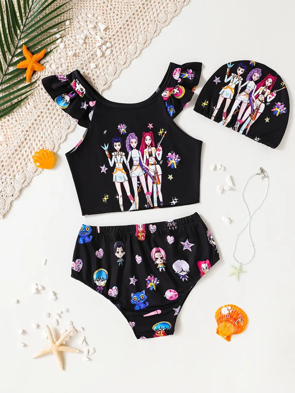 Girls Graphic Flutter Sleeve Two-Piece Swimsuit, Stretch Swim Set