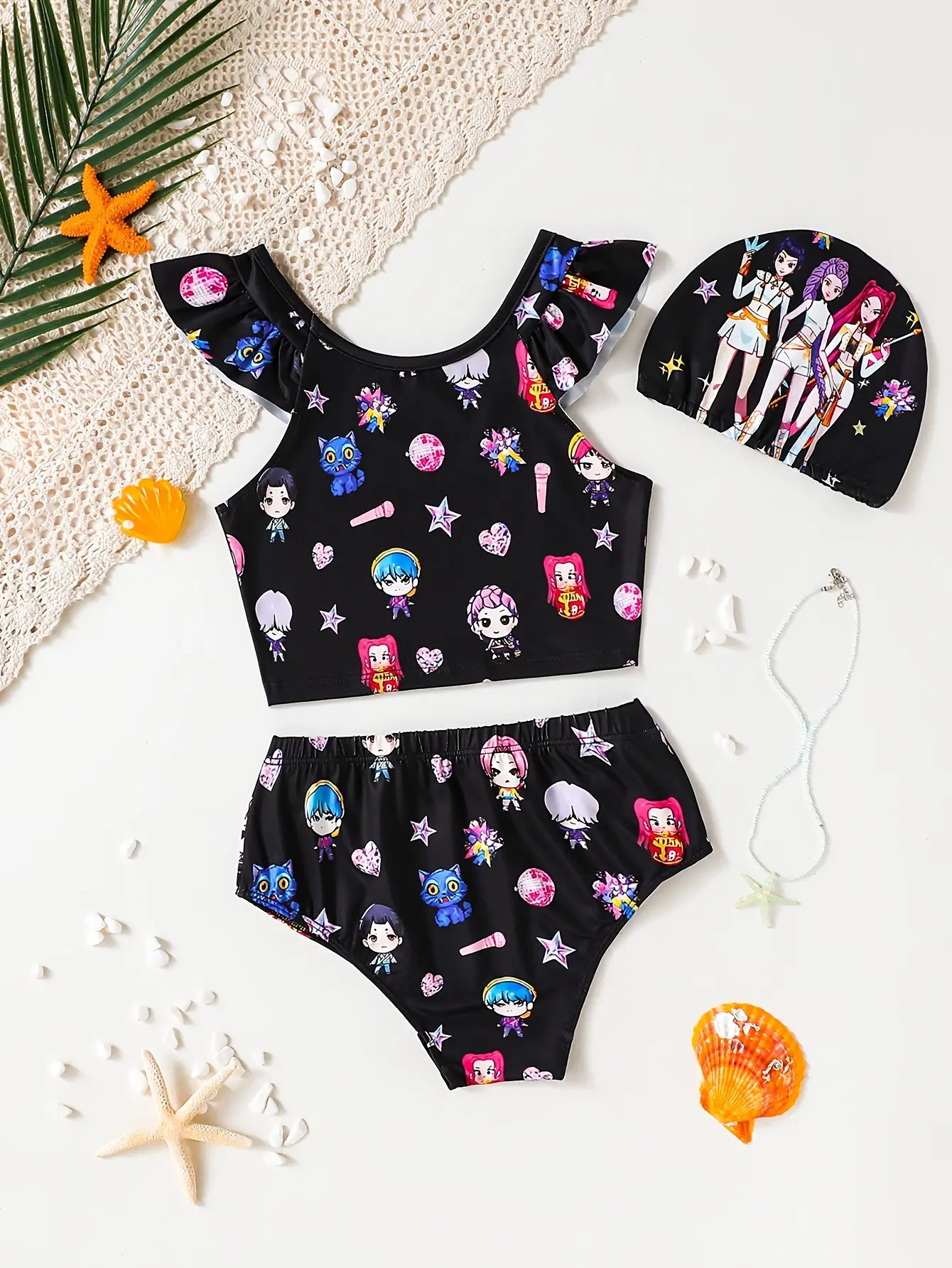 Detail view of Girls Graphic Flutter Sleeve Two-Piece Swimsuit, Stretch Swim Set by LUNORIANA