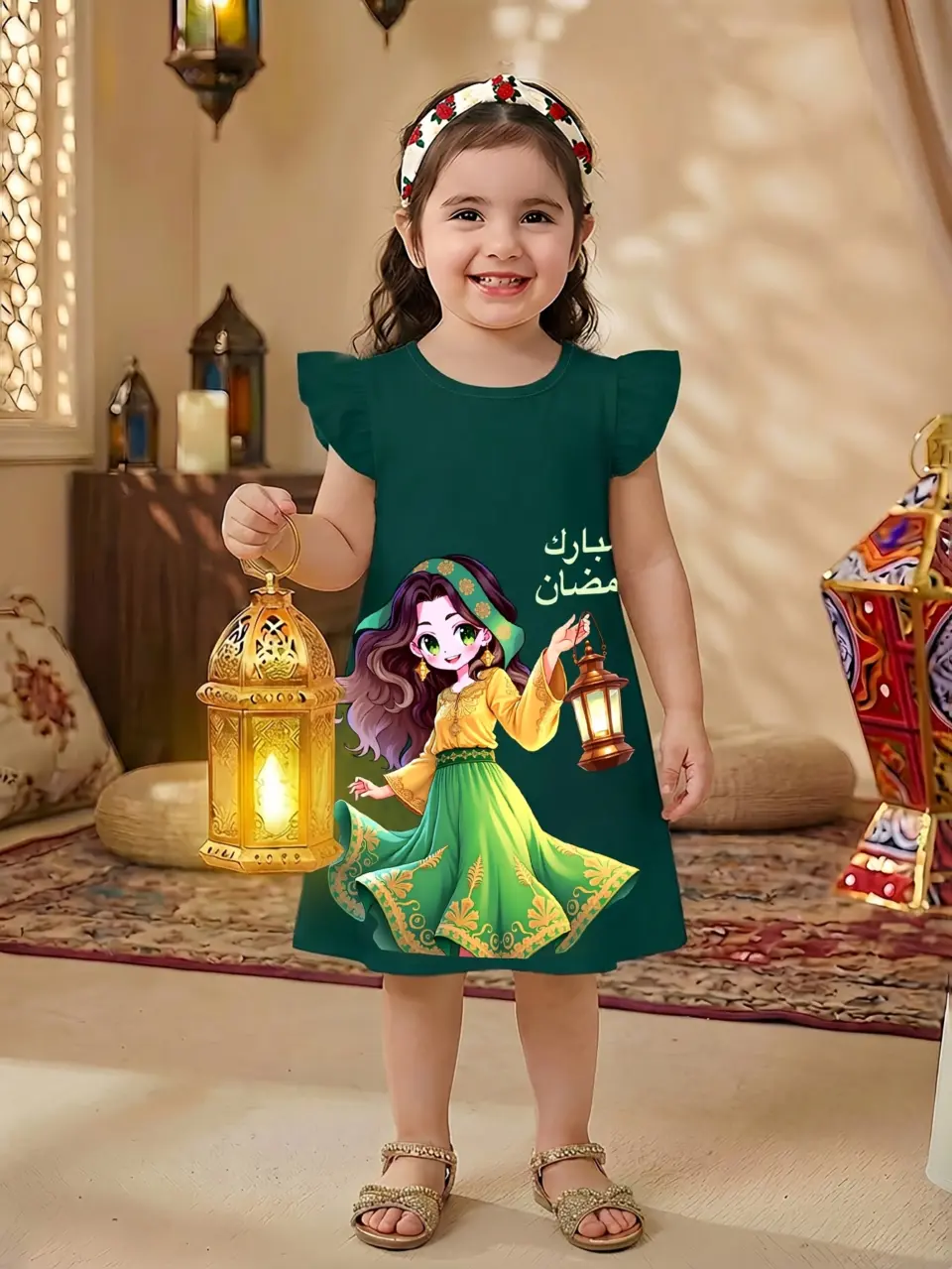 Girls Cartoon Print Ramadan Eid Dress, Soft Princess Style Outfit
