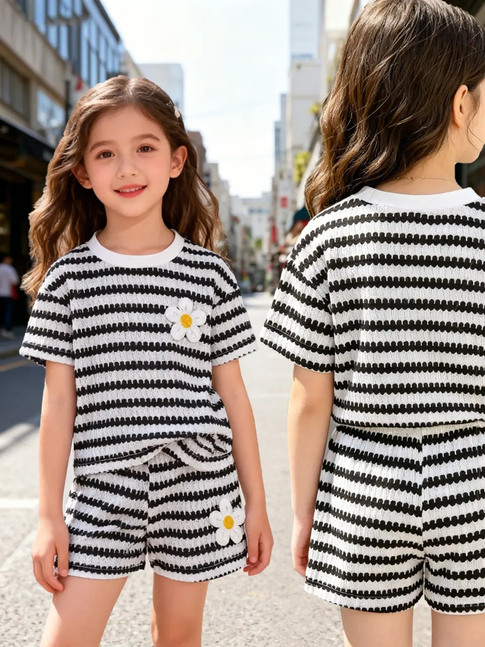 Girls Black White Stripe 2-Piece Set with Flower Embroidery