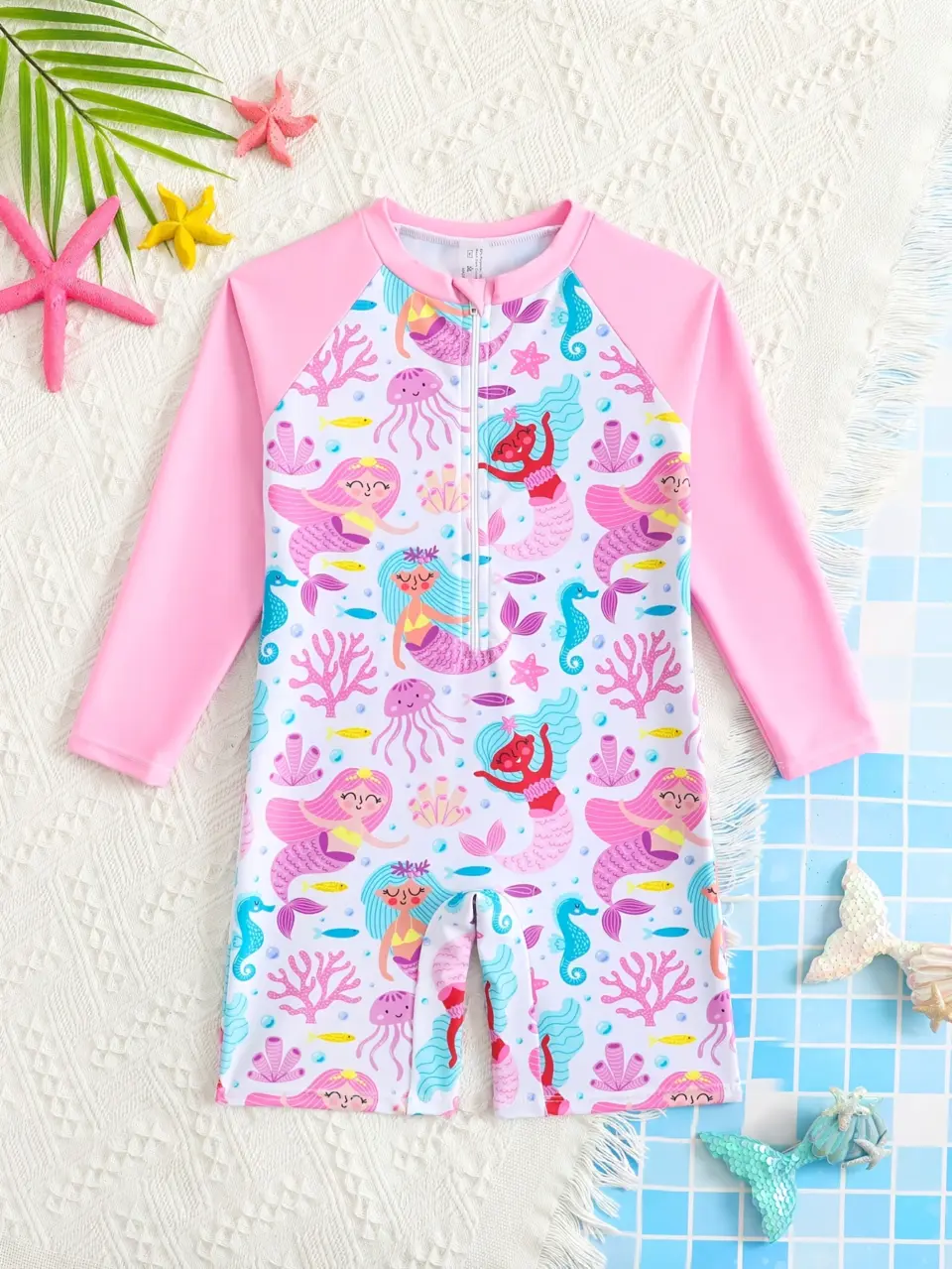 Girls Ocean Mermaid Print One-Piece Swimsuit, Stretch Swimwear
