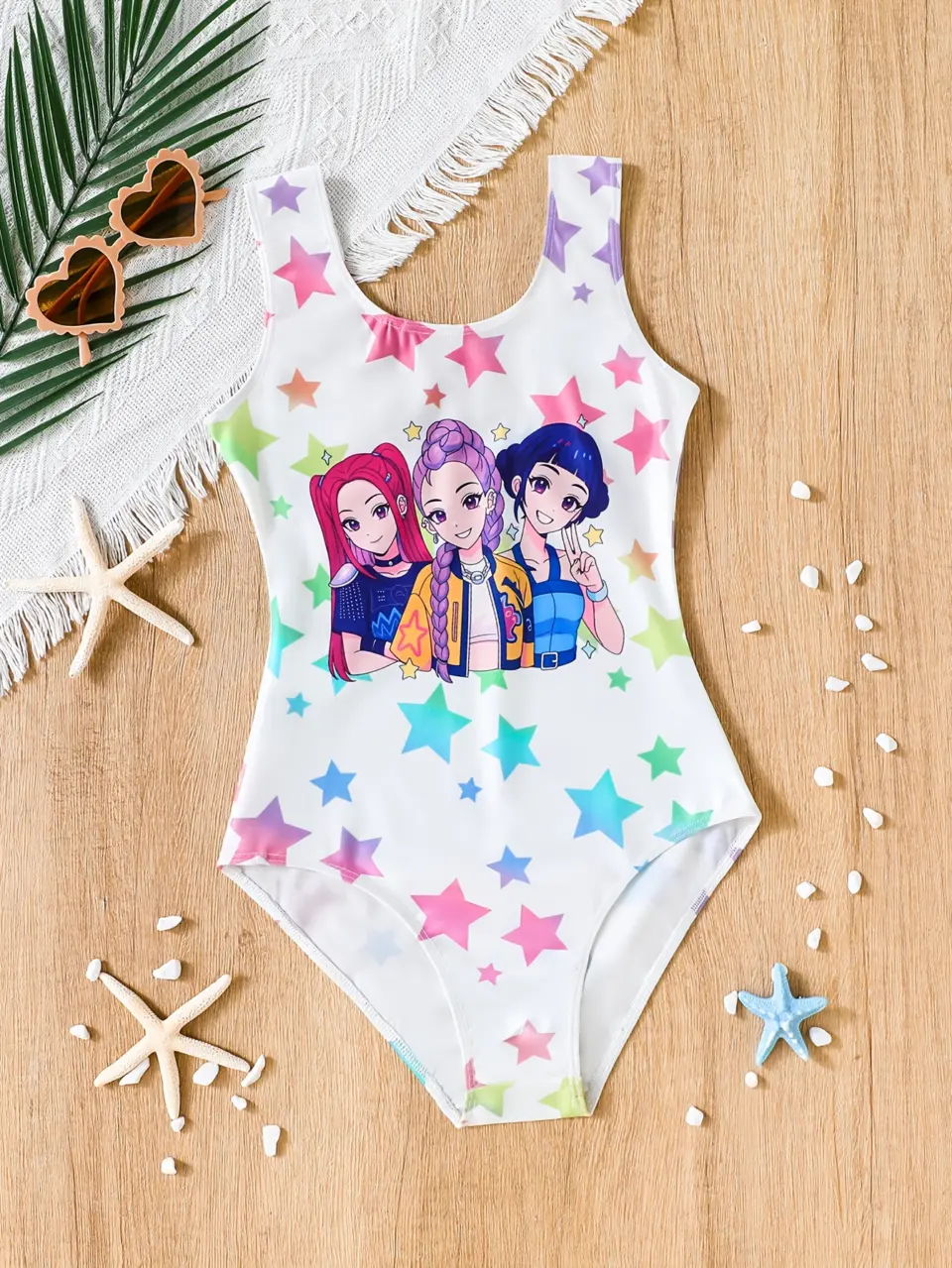 Girls Pop Star Print One-Piece Swimsuit, Stretch Swimwear