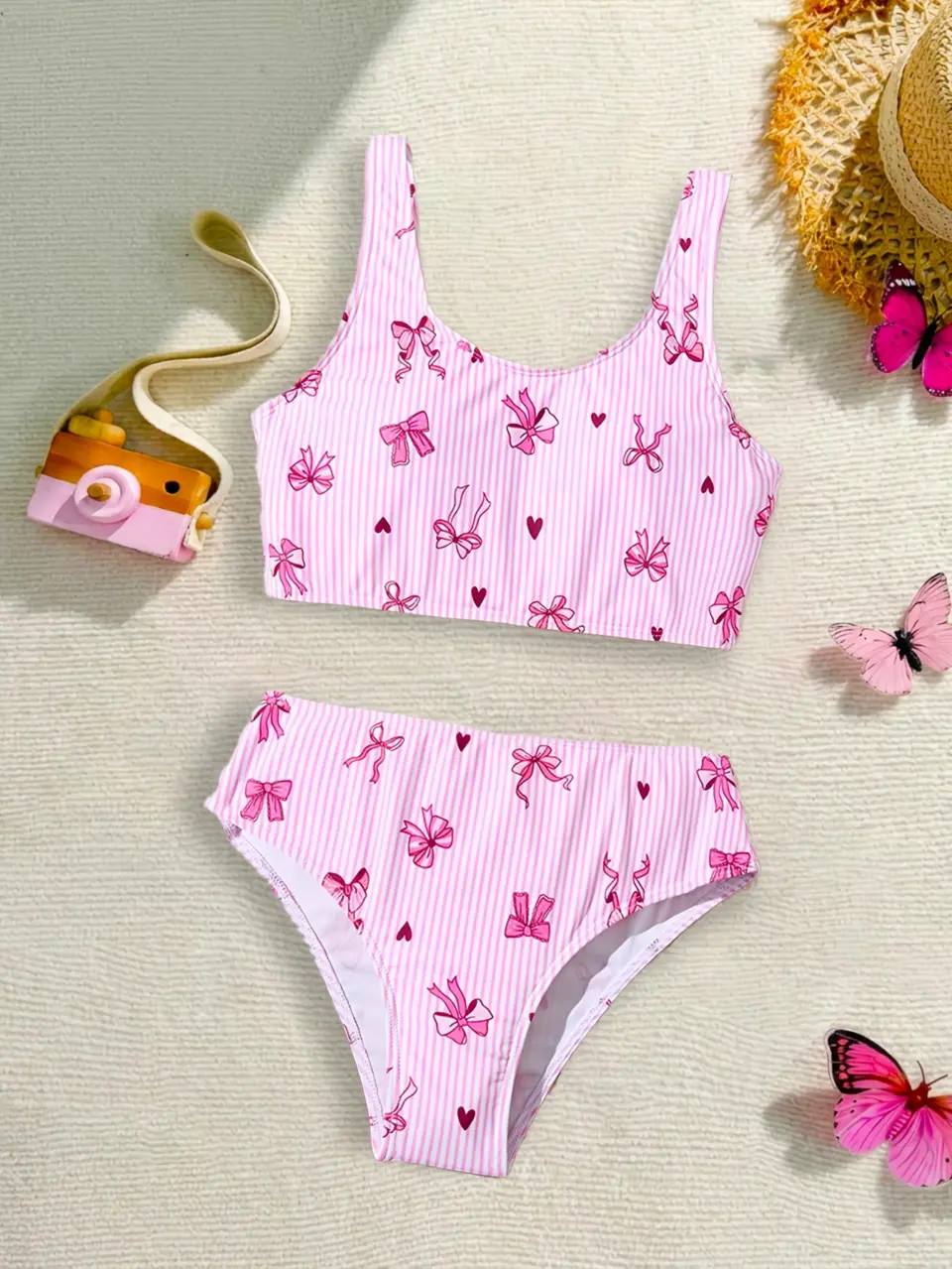 Girls Pink Bow Stripe Tankini Swimsuit 2-Piece Set