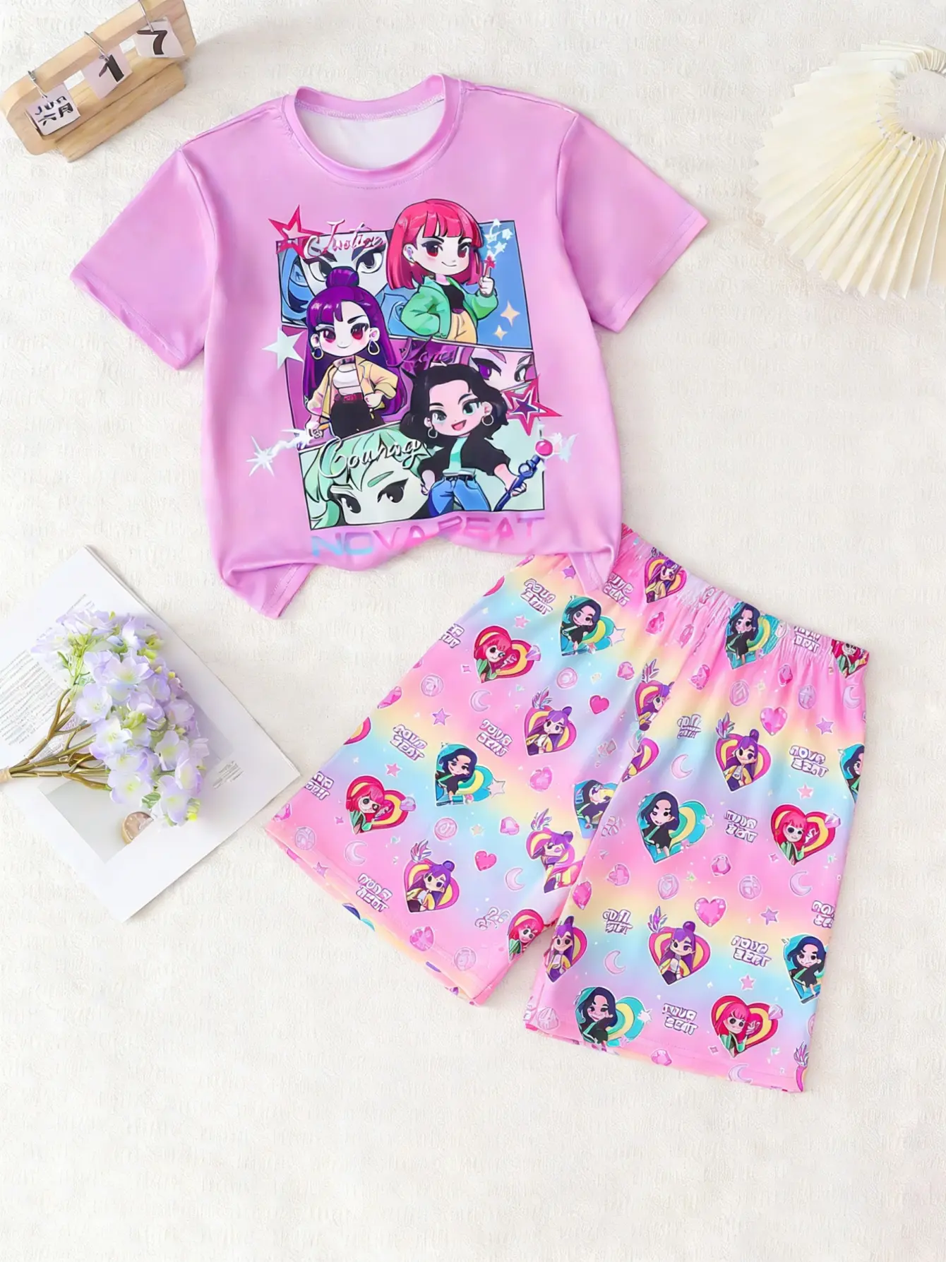 Detail view of Girls Cartoon Graphic T-Shirt and Shorts 2-Piece Outfit by LUNORIANA