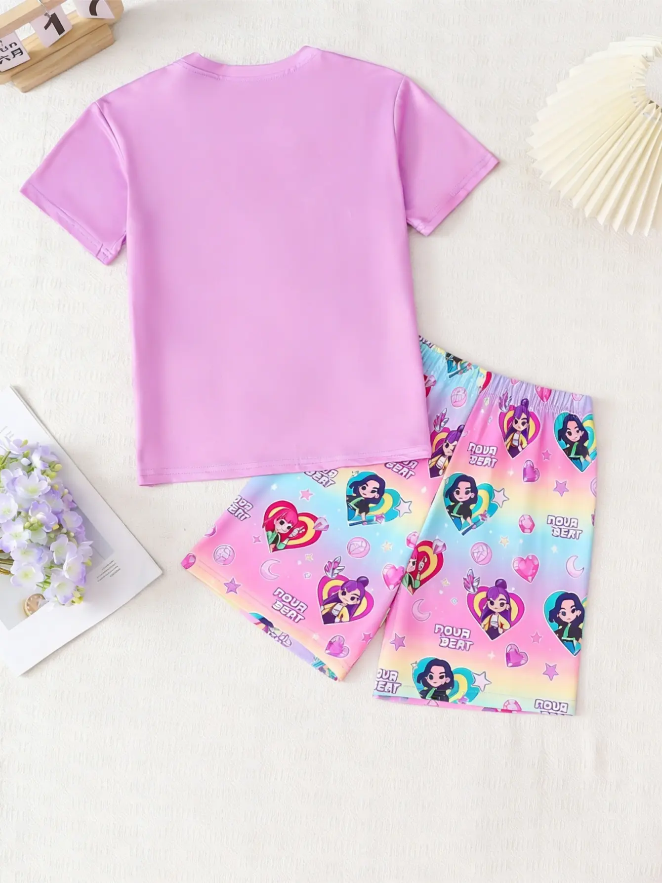 Detail view of Girls Cartoon Graphic T-Shirt and Shorts 2-Piece Outfit by LUNORIANA