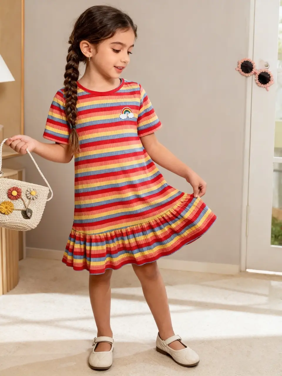Girls Rainbow Stripe Dress with Embroidery, Spring Summer Outfit