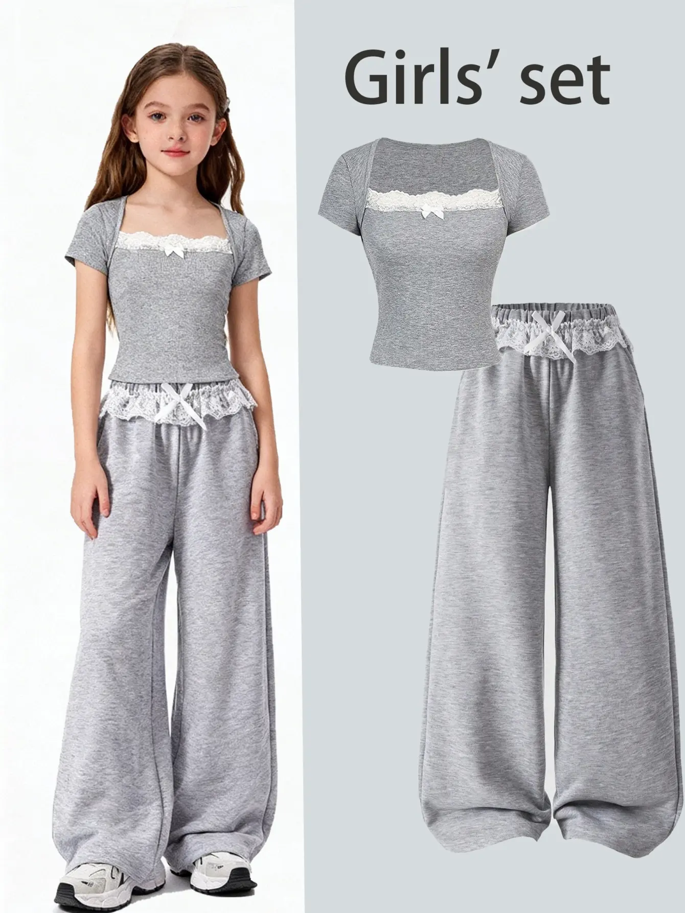 Girls Fitted T-Shirt and Sweatpants 2-Piece Set with Bow Detail