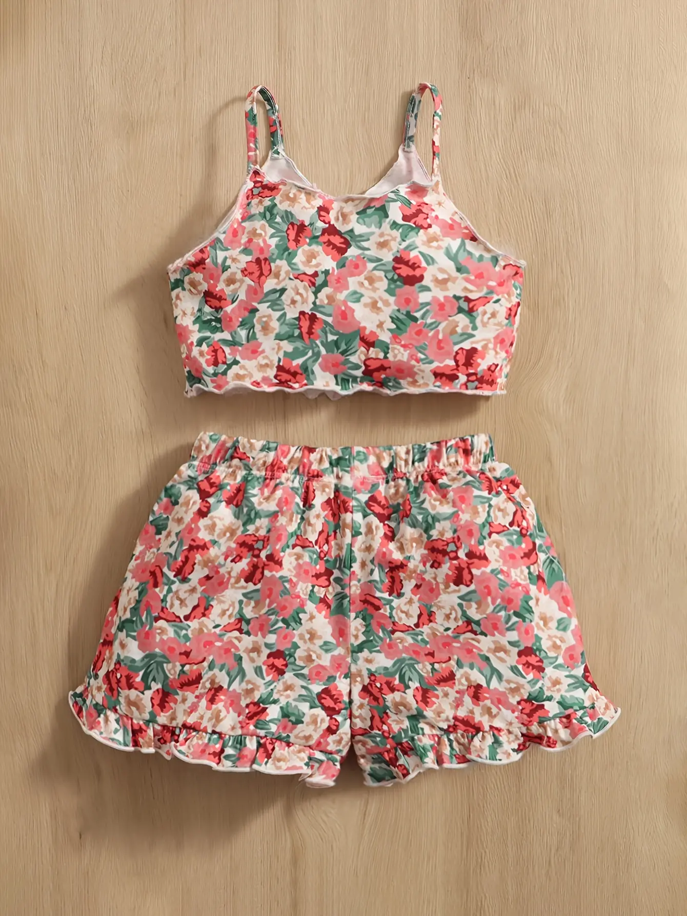Detail view of Girls Floral Print Cami Top and Shorts 2-Piece Set by LUNORIANA