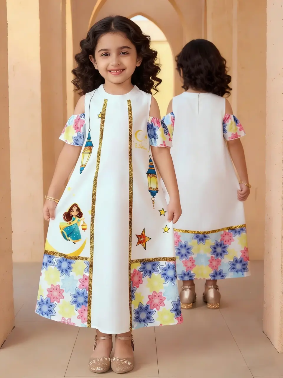 Girls Lantern Moon Print Ramadan Eid Dress, Princess Style Outfit