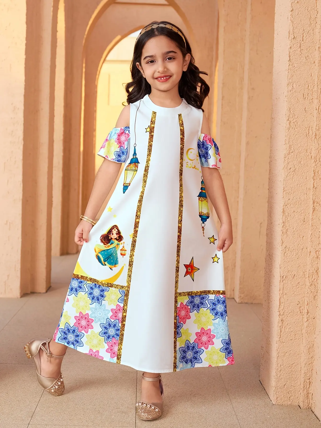 Detail view of Girls Lantern Moon Print Ramadan Eid Dress, Princess Style Outfit by LUNORIANA