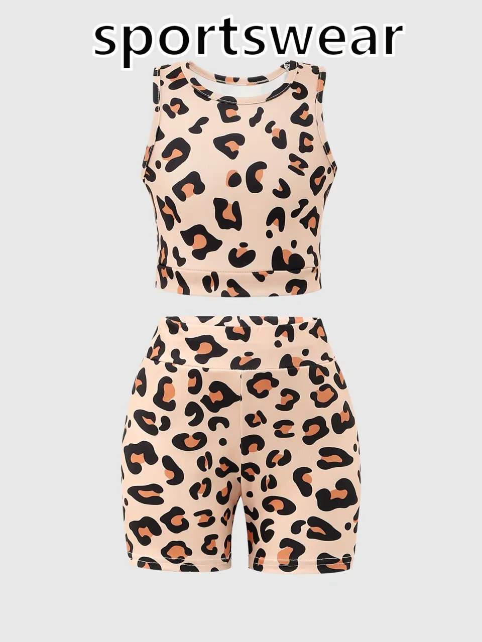 Girls Leopard Print Crop Top and Shorts Set with Open Back