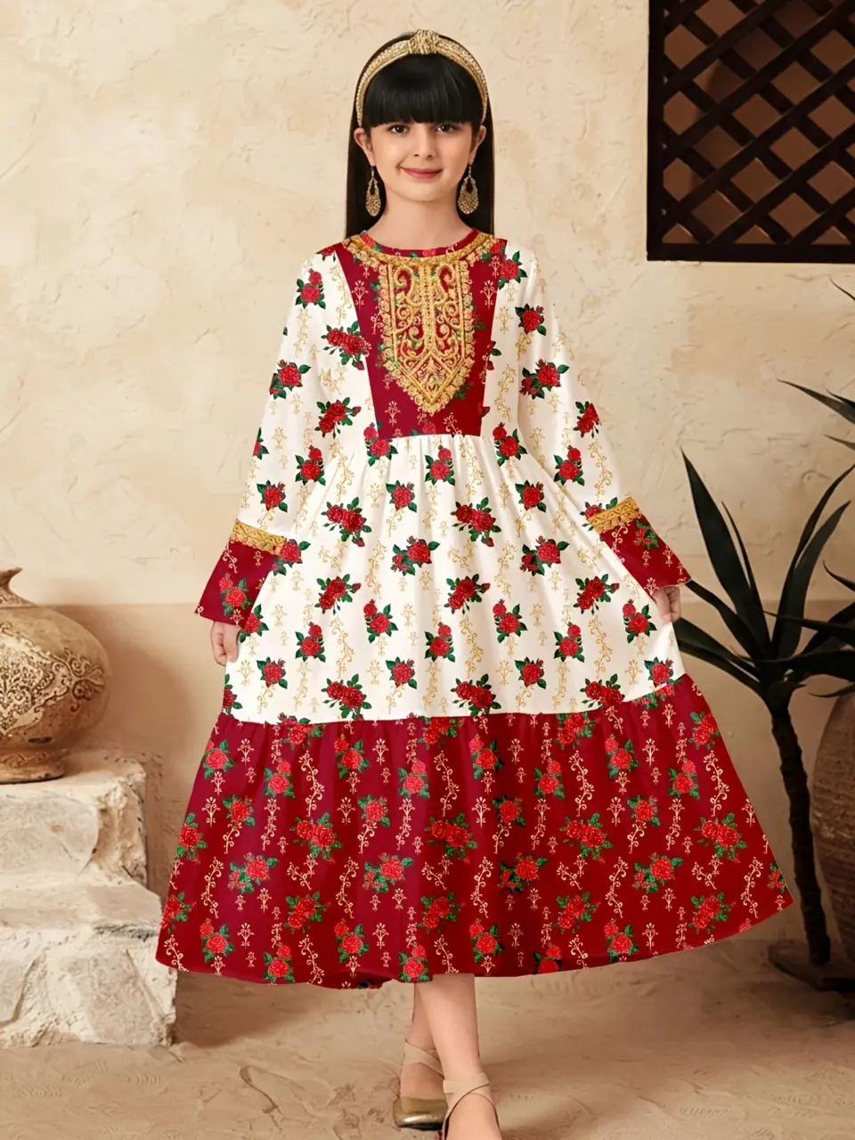 Girls Red Rose Print Ramadan Eid Dress, Soft Summer Party Outfit