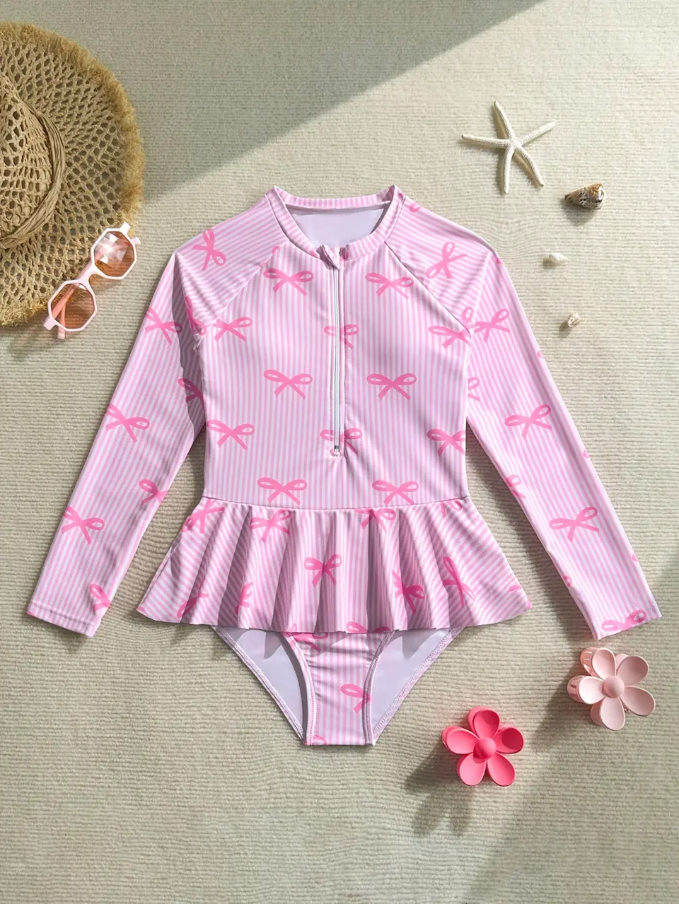 Girls Pink Stripe Bow Print One-Piece Swimsuit