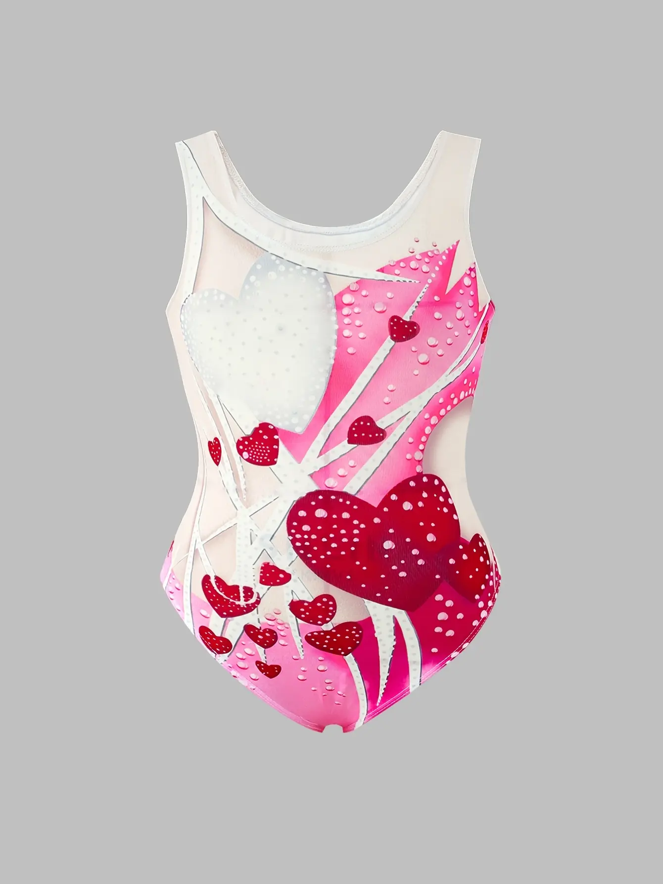 Detail view of Girls Heart Print Sleeveless Unitard, Stretch Gymnastics Outfit by LUNORIANA