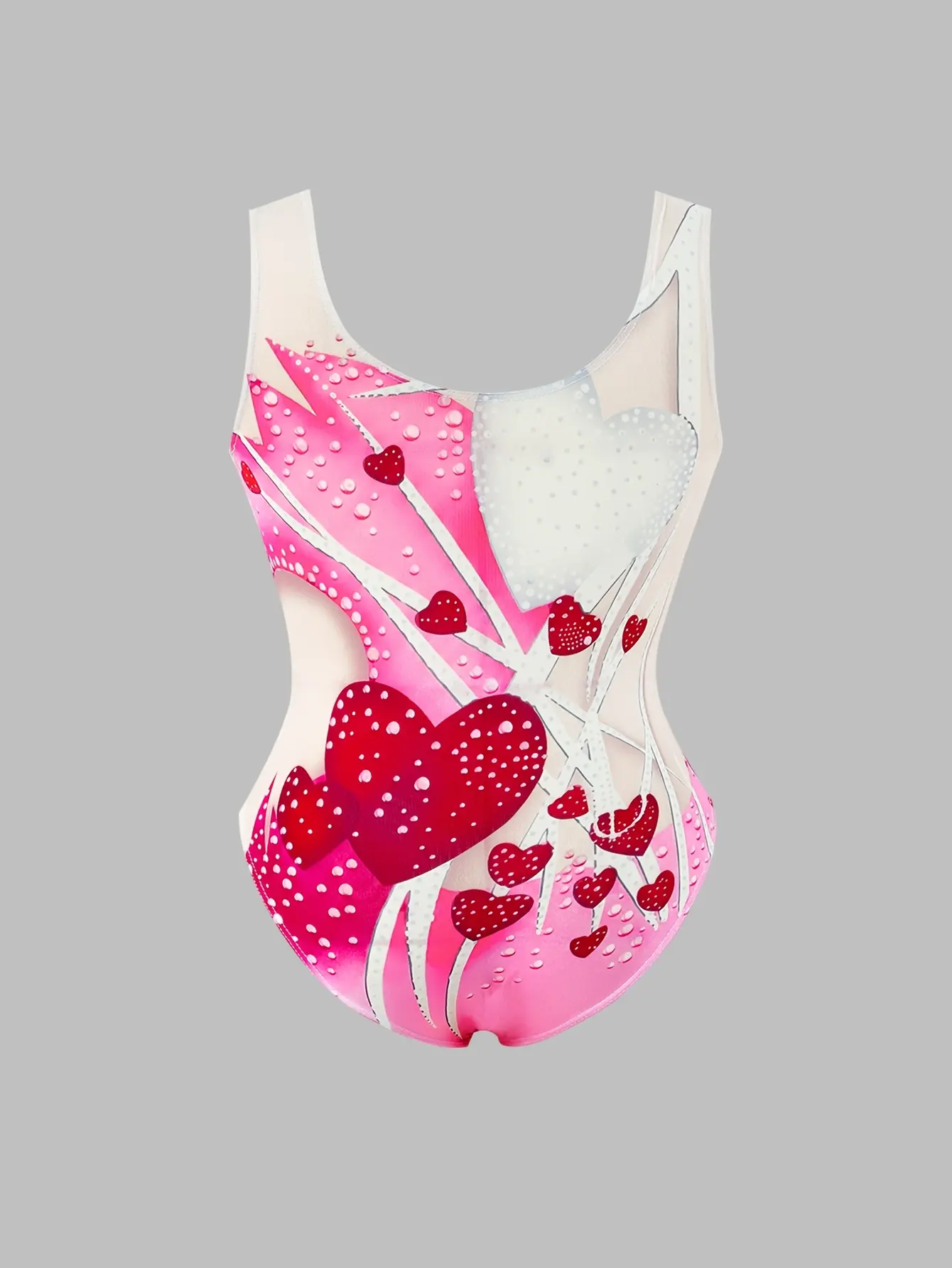 Detail view of Girls Heart Print Sleeveless Unitard, Stretch Gymnastics Outfit by LUNORIANA