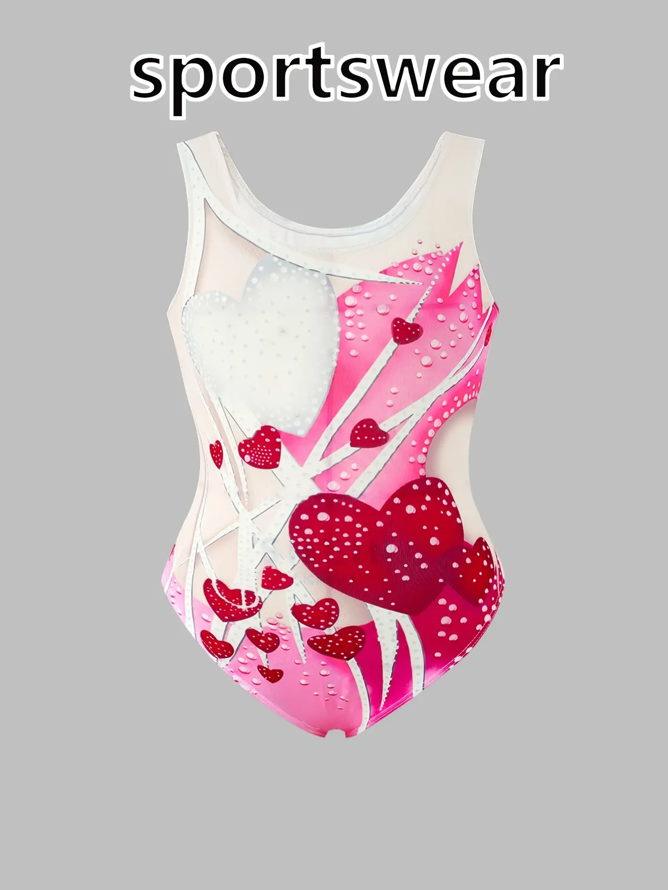 Girls Heart Print Sleeveless Unitard, Stretch Gymnastics Outfit