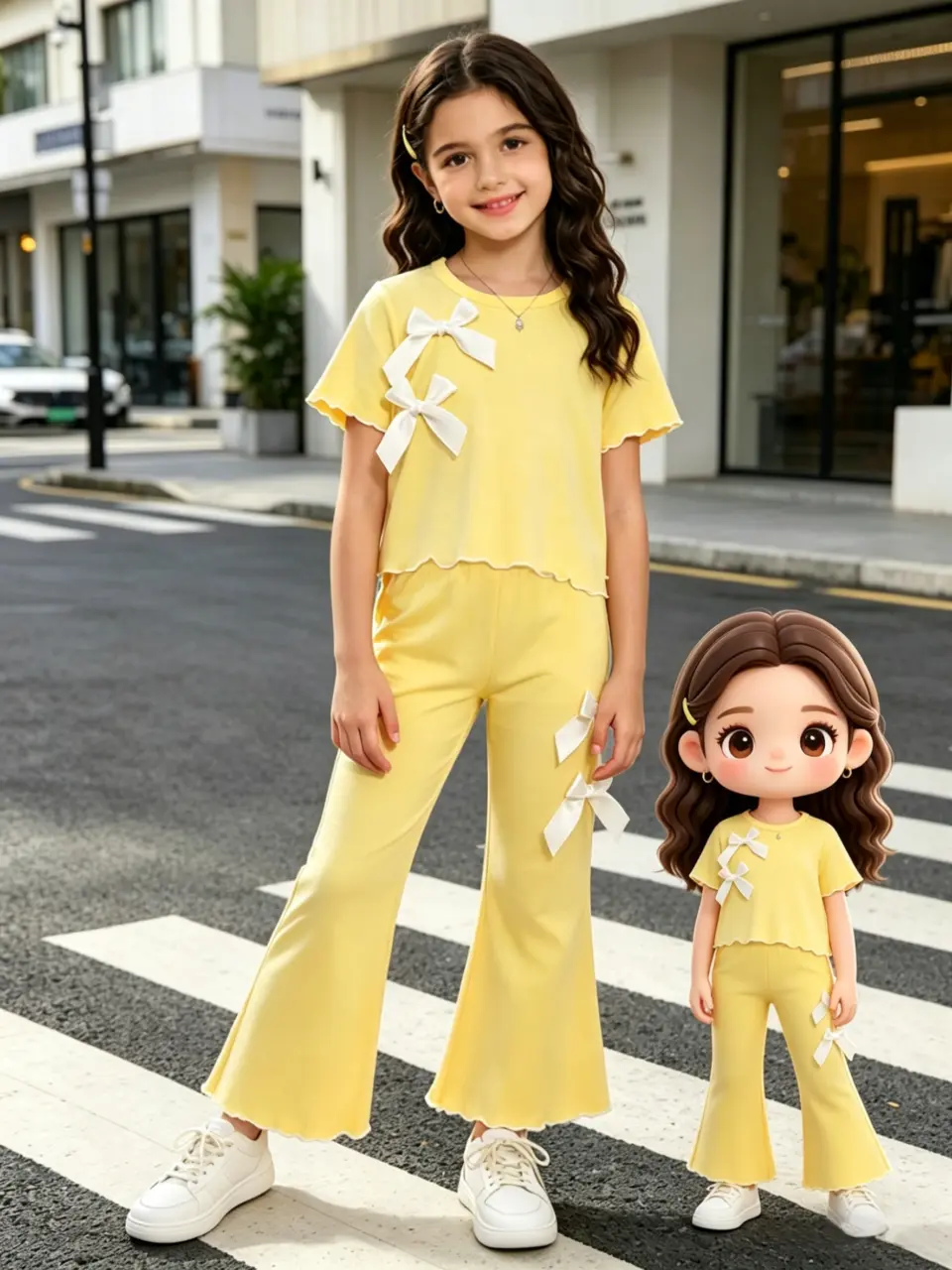 Girls Light Yellow T-Shirt and Flare Pants 2-Piece Set