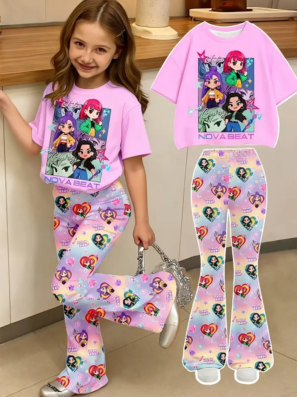 Girls Pop Star Graphic T-Shirt and Flare Pants 2-Piece Set