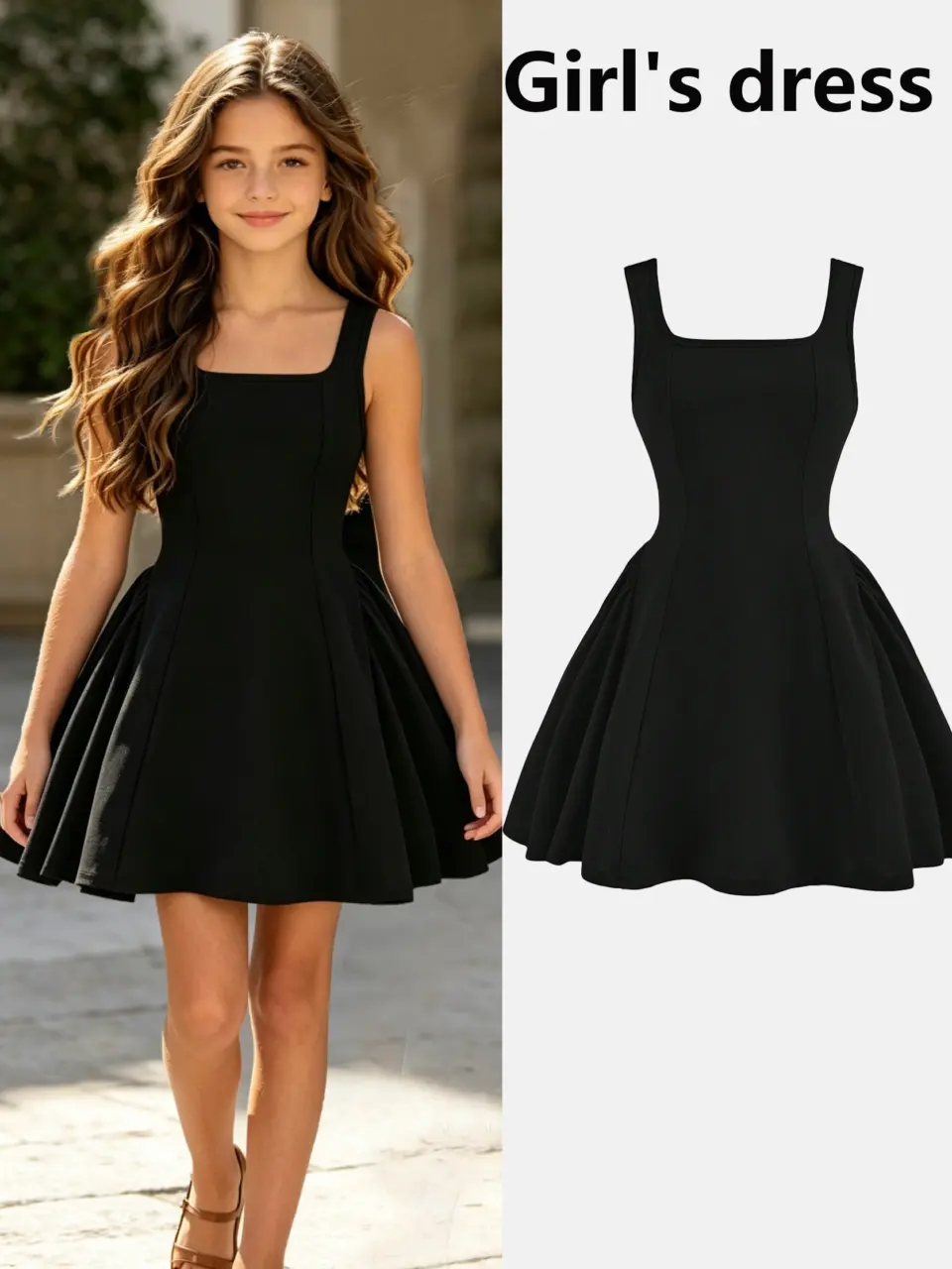 Girls Solid Black Long Dress with Back Bow Embroidery