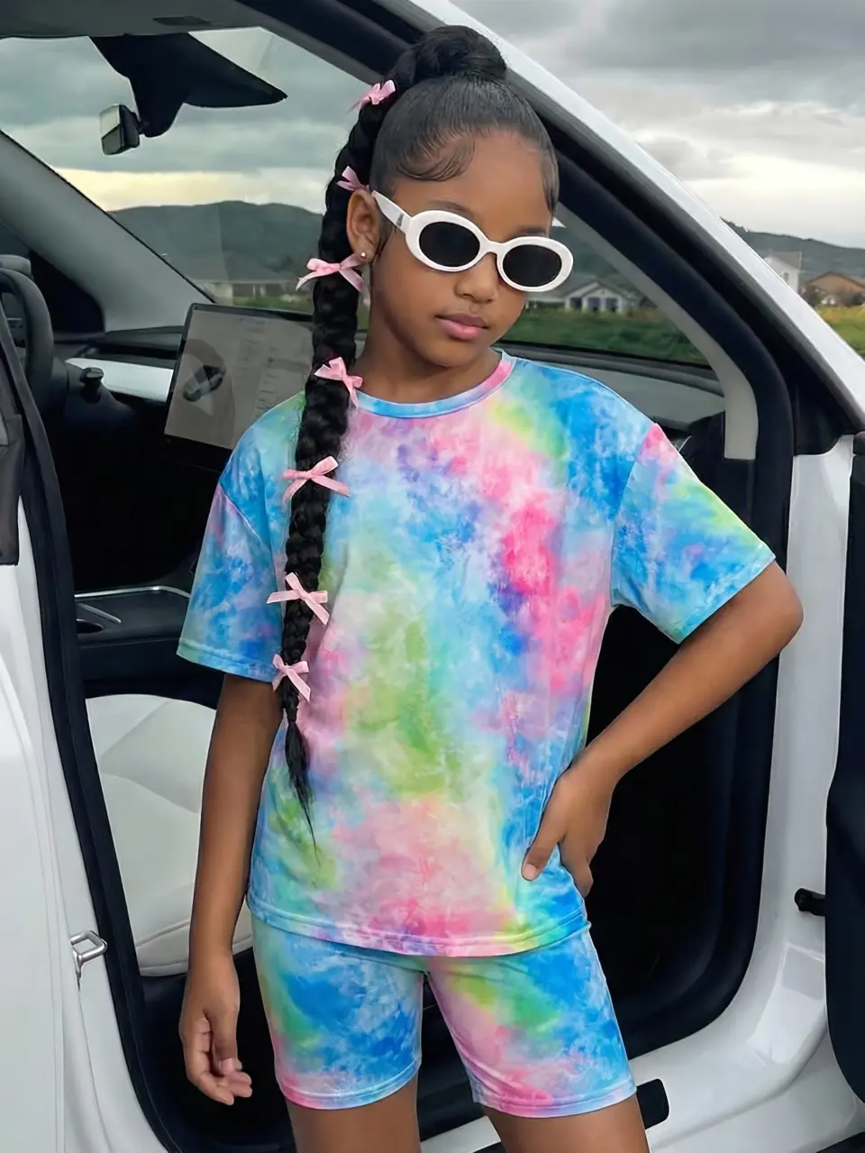 Girls Colorful Tie-Dye T-Shirt and Shorts 2-Piece Set