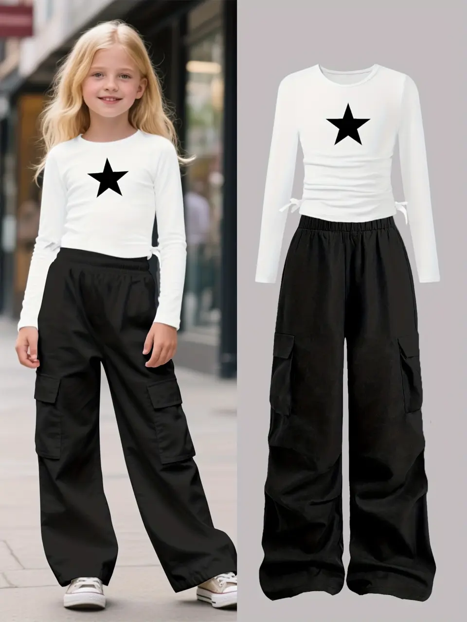 Girls Star Long Sleeve T-Shirt and Wide Leg Cargo Pants Set