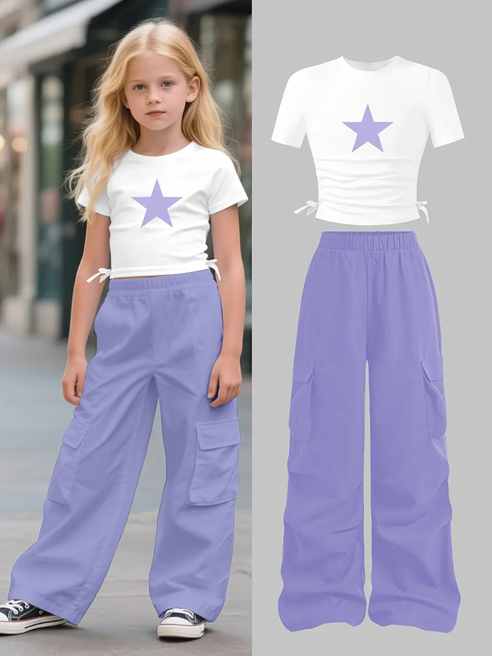 Girls Fitted Waist T-Shirt and Cargo Pants Set by LUNORIANA