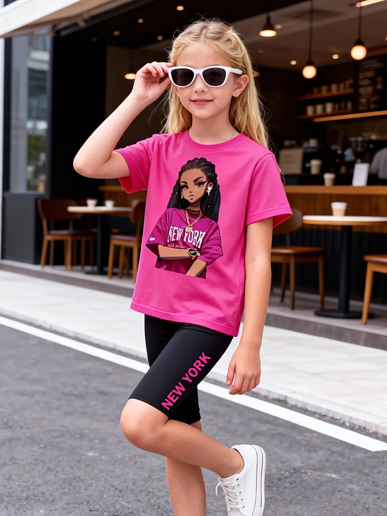 Girls Cartoon Graphic T-Shirt and Biker Shorts Set by LUNORIANA
