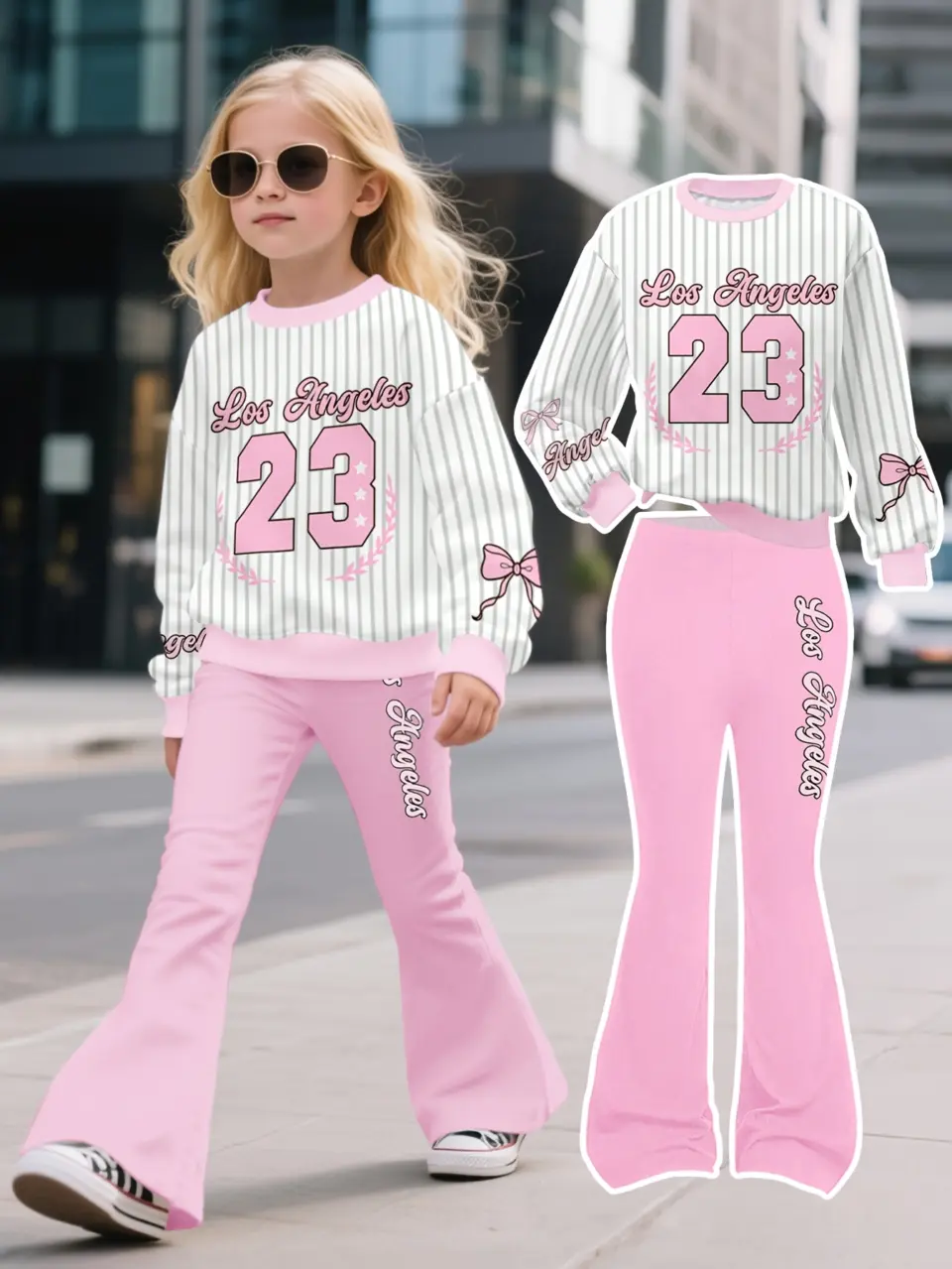 Girls Bow Stripe Sweatshirt and Flare Pants Set by LUNORIANA