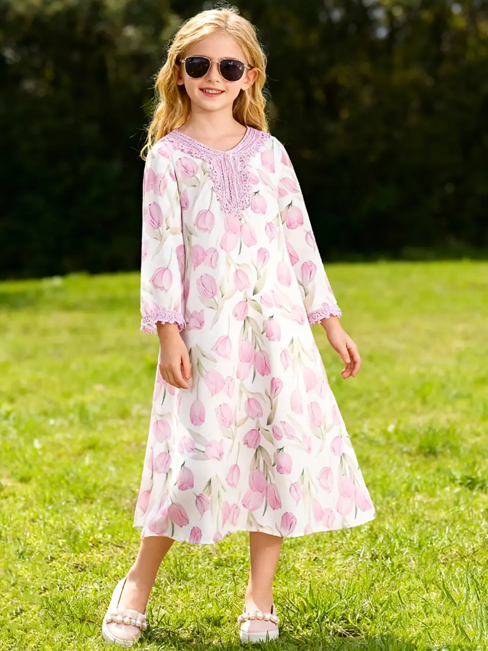 Girls Purple Floral Long Sleeve Dress with Lace Trim