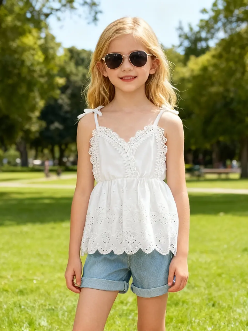 Girls Lace Cami Top and Denim Shorts Set