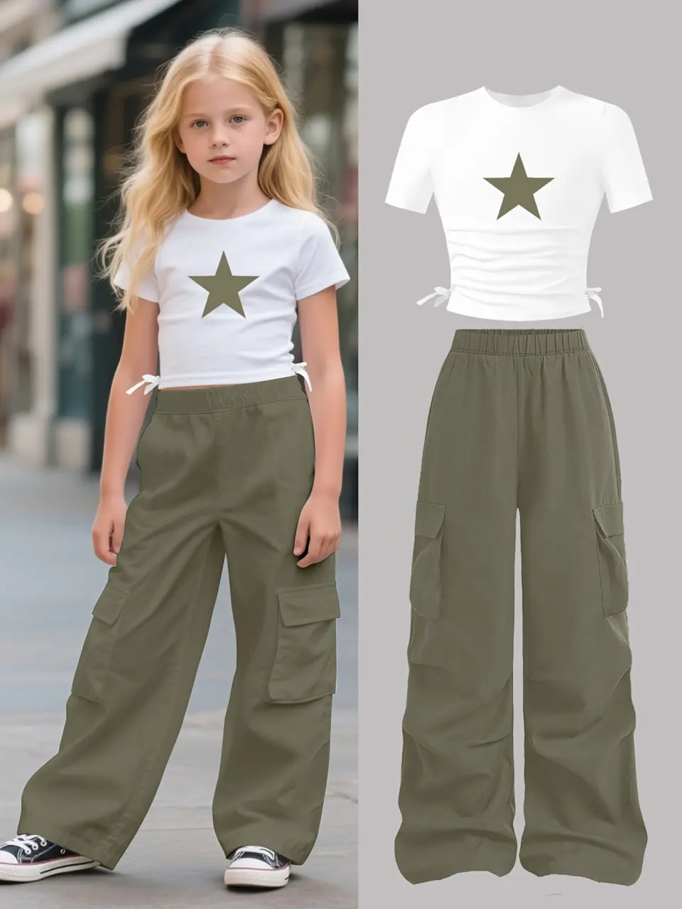 Girls Star T-Shirt and Olive Cargo Pants Set