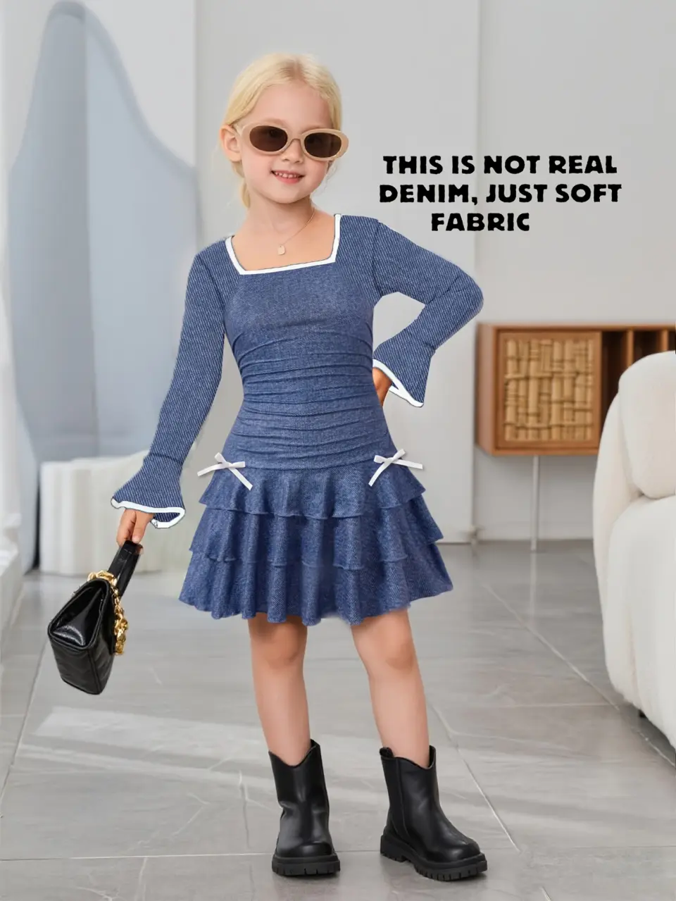 Girls Denim Print Tiered Ruffle Dress with Bow Detail by LUNORIANA