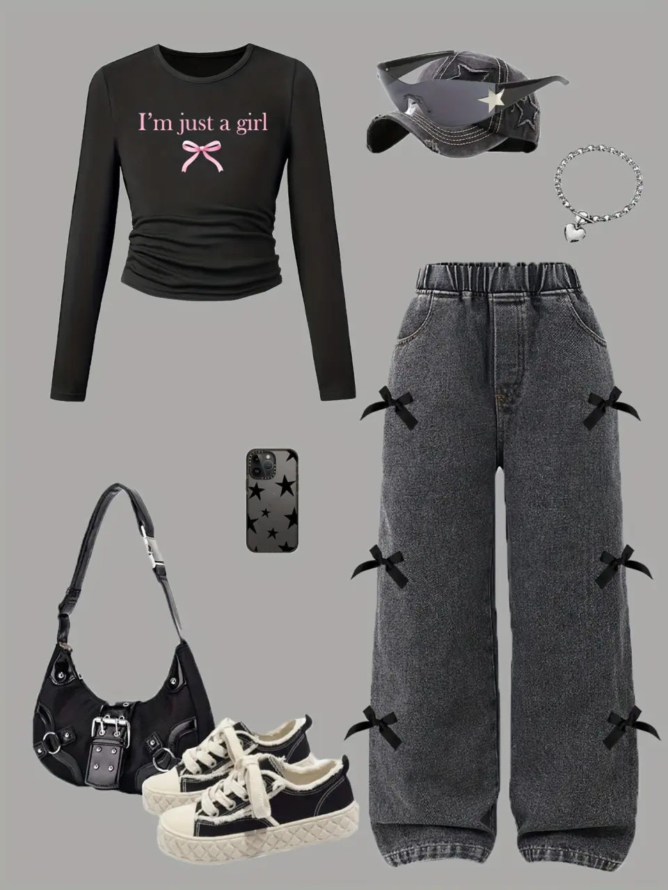 Girls Bow Letter Crop Top and Denim Wide Leg Pants Set
