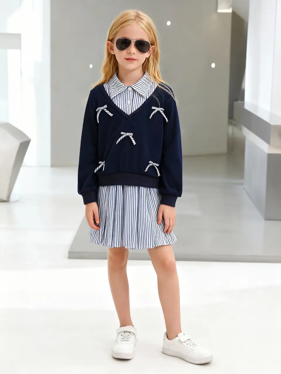 Girls Collared Sweatshirt and Striped Pleated Skirt Set by LUNORIANA