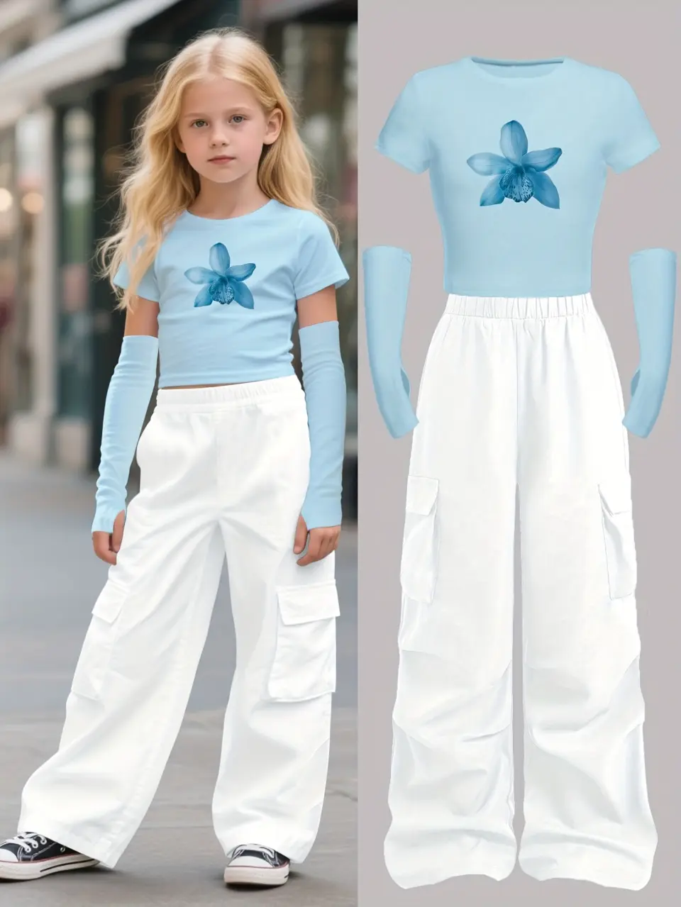 Girls Floral T-Shirt and Cargo Wide Leg Pants Set with Arm Sleeves