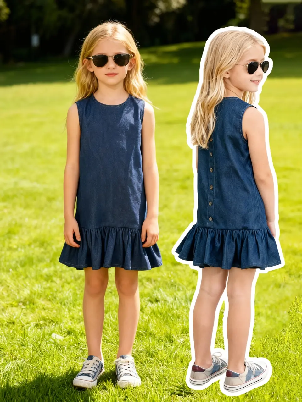 Girls Sleeveless Denim Button Front Dress