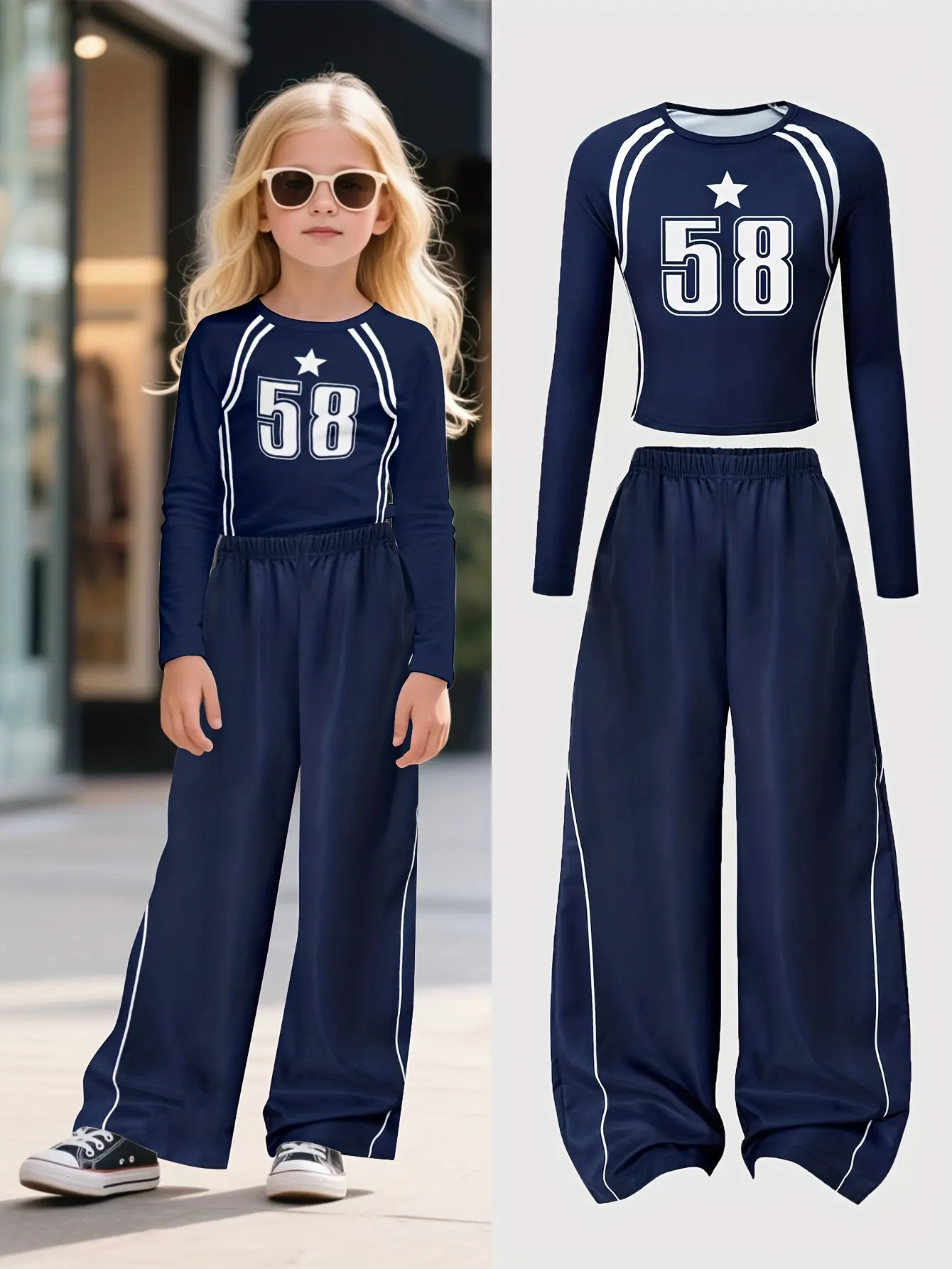 Girls Long Sleeve T-Shirt and Wide Leg Pants Set with White Line Trim
